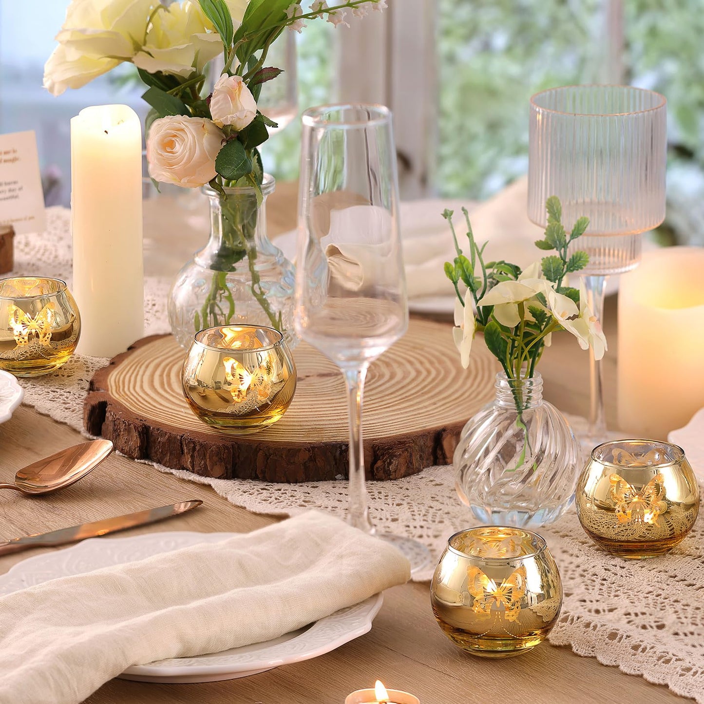 Gold Votive Candle Holders Set, 12 PCS Tea Lights Candle Holder Decorative Bulk with Butterfly Pattern, Candle Holders for Wedding, Birthday, Anniversary, Parties, and Holiday Decorations