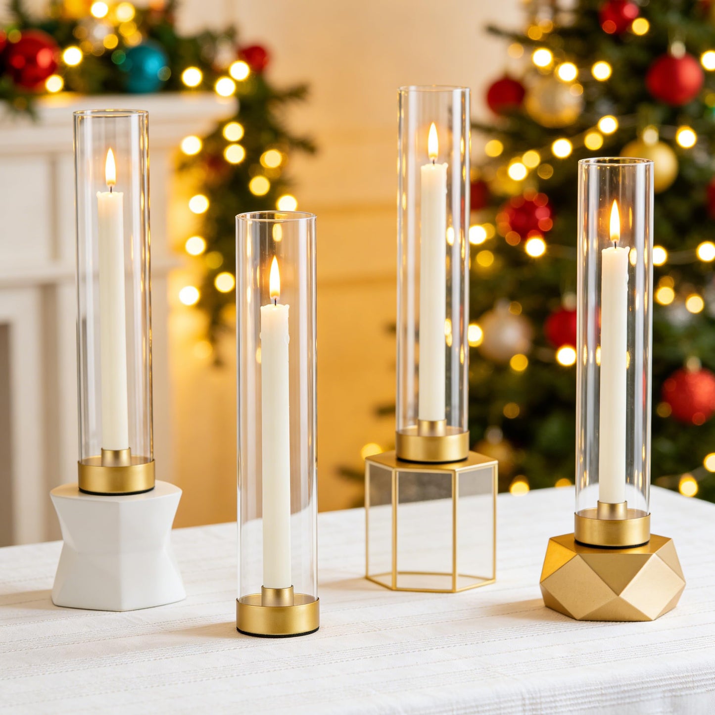 Hurricane Candle Holders Golden Taper Candle Sticks Holder, with 11" Thickened Glass Cylinder Covers Tall Candlesticks Holders Bulk Set of 4, Dining Table Centerpiece for Wedding