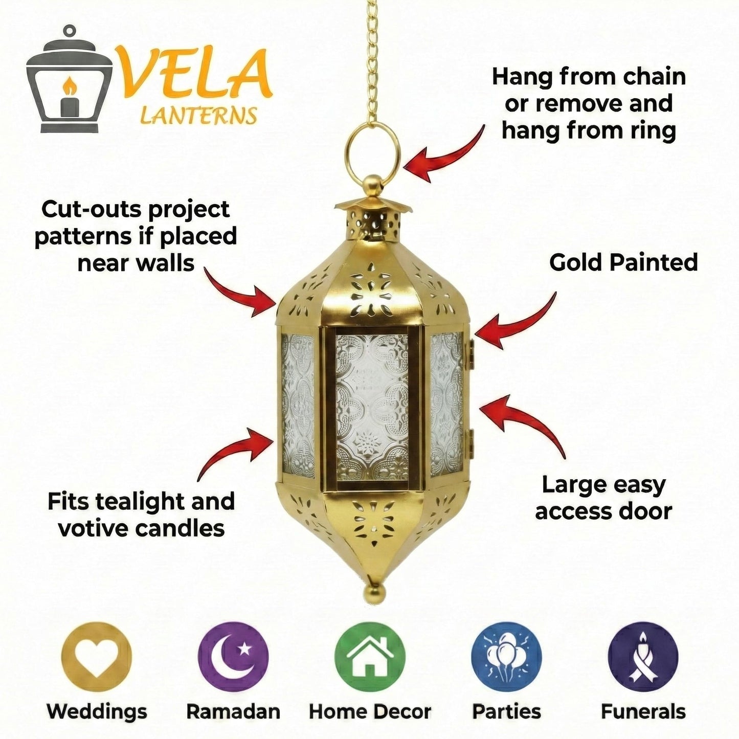 Vela Lanterns Hanging Moroccan Lamp - Exotic Decorative Patio & Porch Decor, Indoor Outdoor Tea Light Candle Lantern Holder with Chain (11" Medium, Gold)