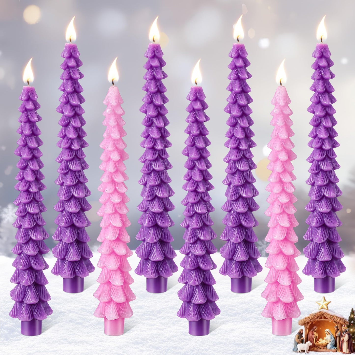 Enhon 8 Pcs Advent Candles Set, 10 Inch Tree Shaped Taper Candles, Unscented Beeswax Christmas Advent Wreath Candle for Xmas, Holiday, Church, Party, or Home Decor (Purple,Pink Style)