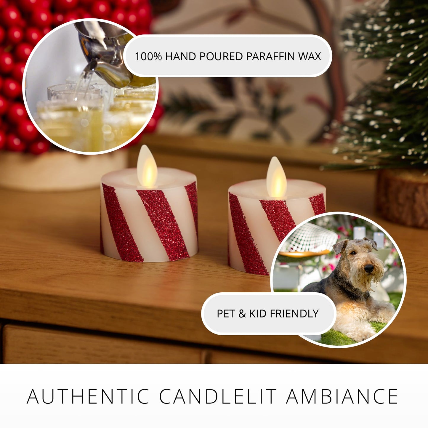 Luminara 2-Pack Moving Flame LED Flameless Tealight (1.4" x 2") Battery Operated Plastic LED Flameless Tea Light Smooth (Candy Cane Red)