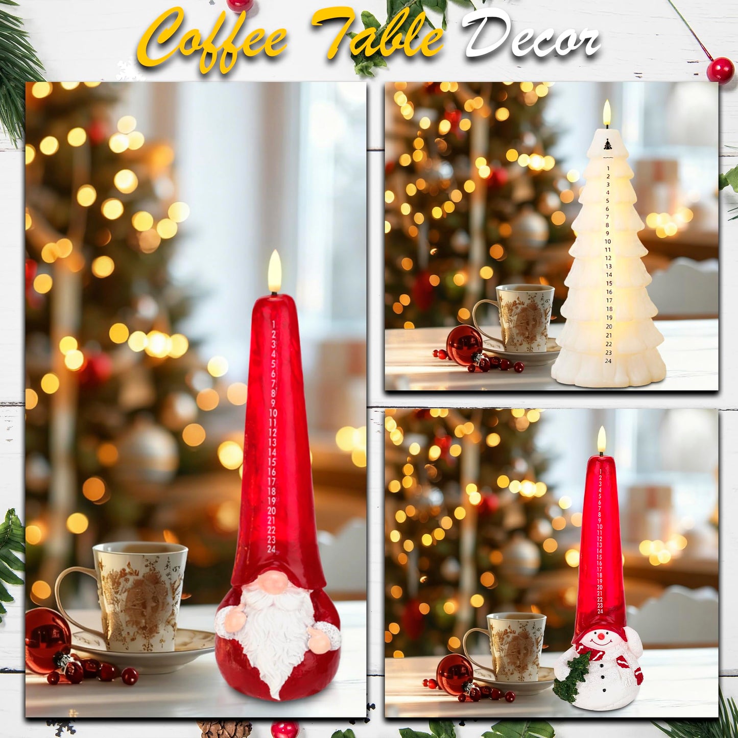JOIONE Flameless Christmas Gnome Countdown Candles with Remote, 24-Day Automatic Countdown Battery Operated LED Advent Calendar Candle, Christmas Decoration for Home