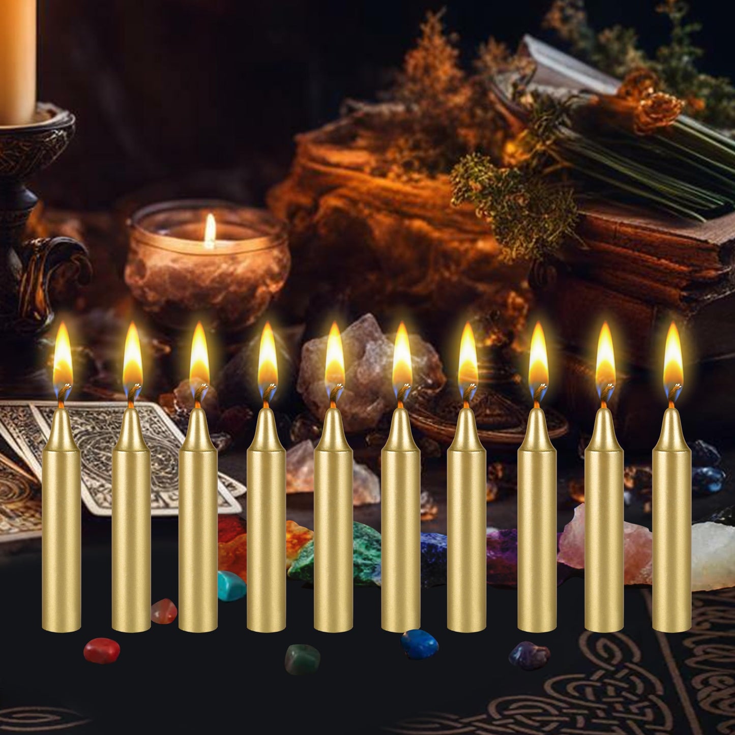 Mega Candles 10 pcs Unscented Gold Exquisite Mini Taper Spell Candles, 4 Inch Tall x 3/4 Inch Diameter, Supreme Chimes, Enchantment, Casting Rituals, Witchcraft, Wiccan, Altar, Magic, Metaphysical