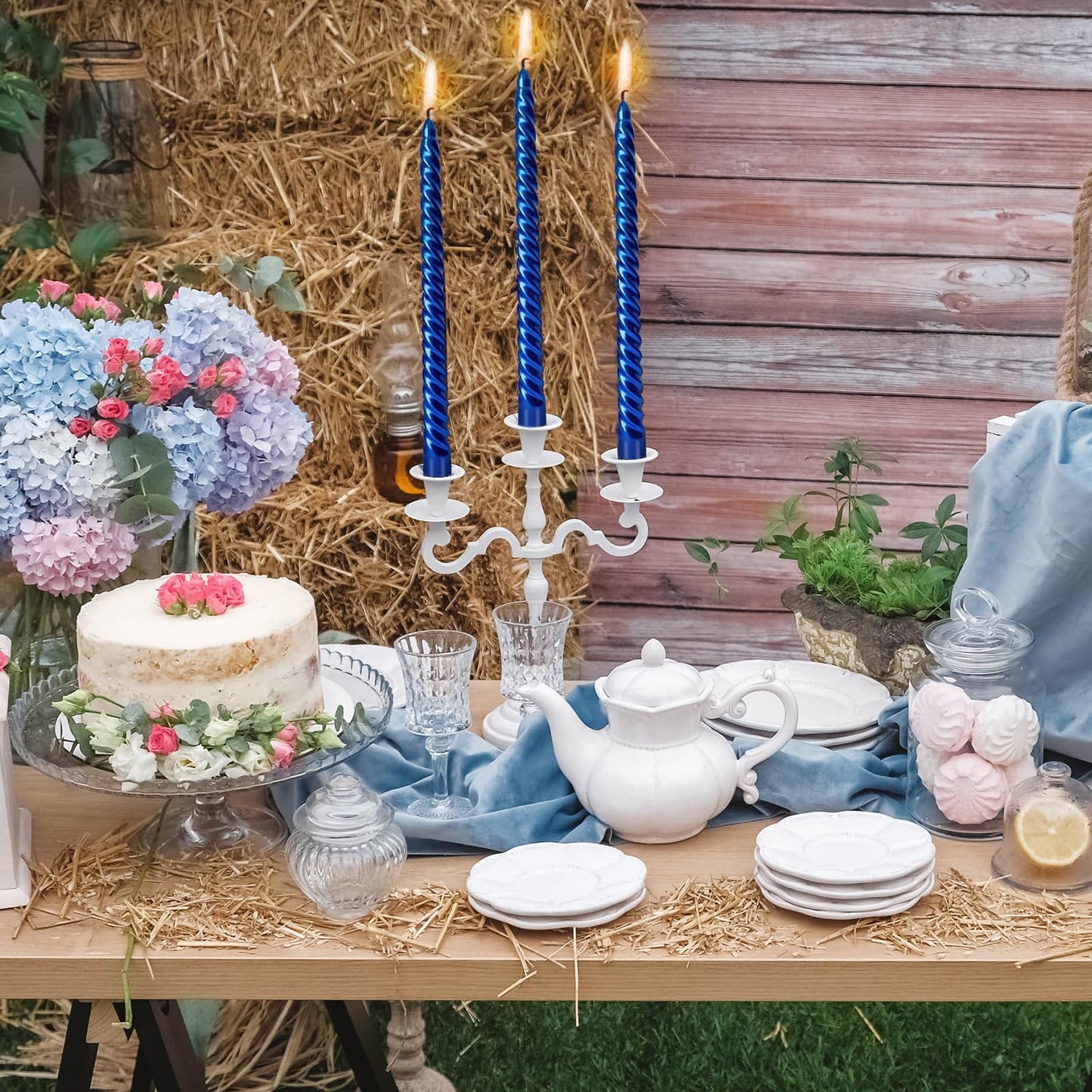 10 Inch Blue Spiral Taper Candles Set for Dinner, Unscented Dripelss Candlesticks for Home Holiday Party Decoration
