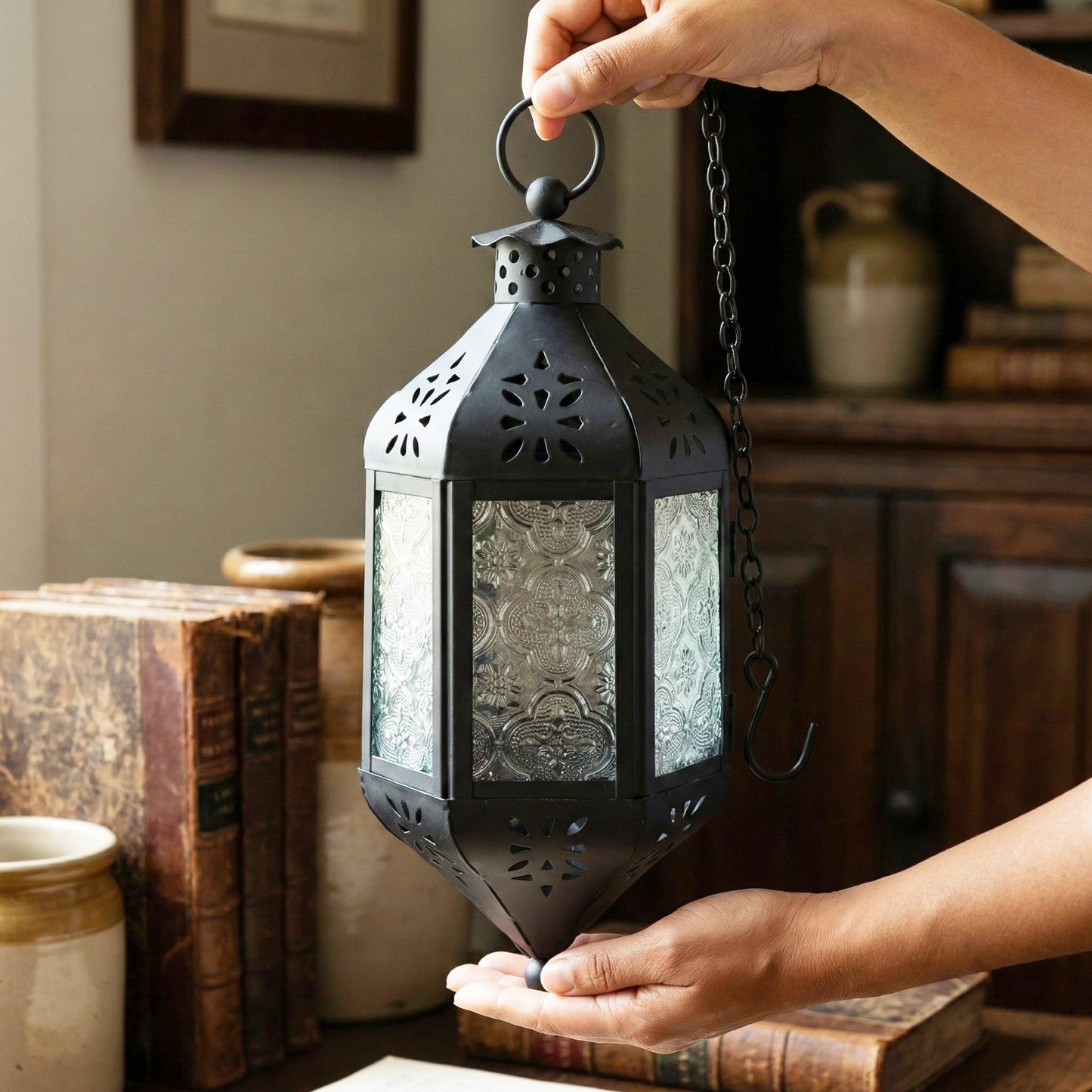 Vela Lanterns Hanging Moroccan Lamp - Exotic Decorative Patio & Porch Decor, Indoor Outdoor Tea Light Candle Lantern Holder with Chain (11" Medium, Clear Glass, 2-Pack)