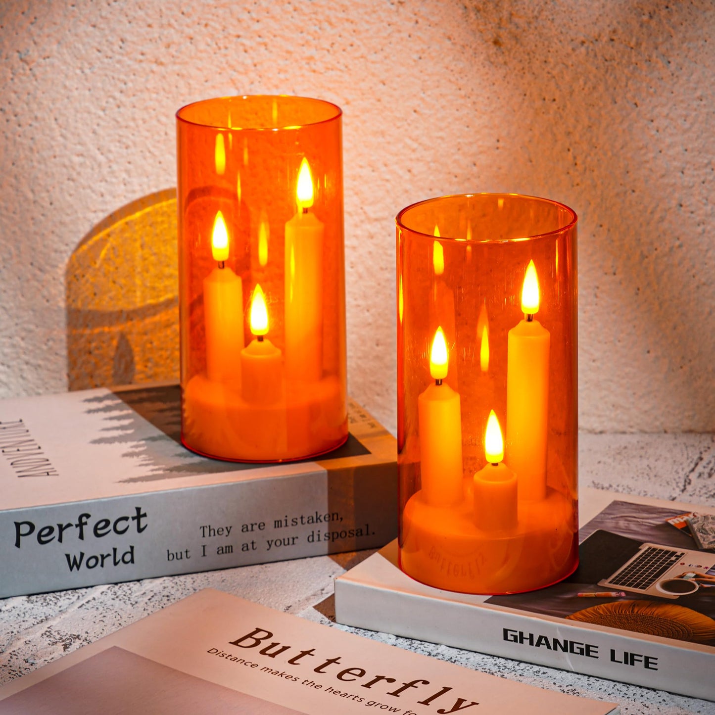 Da by 2 Pack 3D Wick Flameless Taper Candles, Orange Transparent Acrylic Cover, Remote Control Flickering LED Electric Candles, Battery Operated for Halloween Thanksgiving Christmas Home Decor.