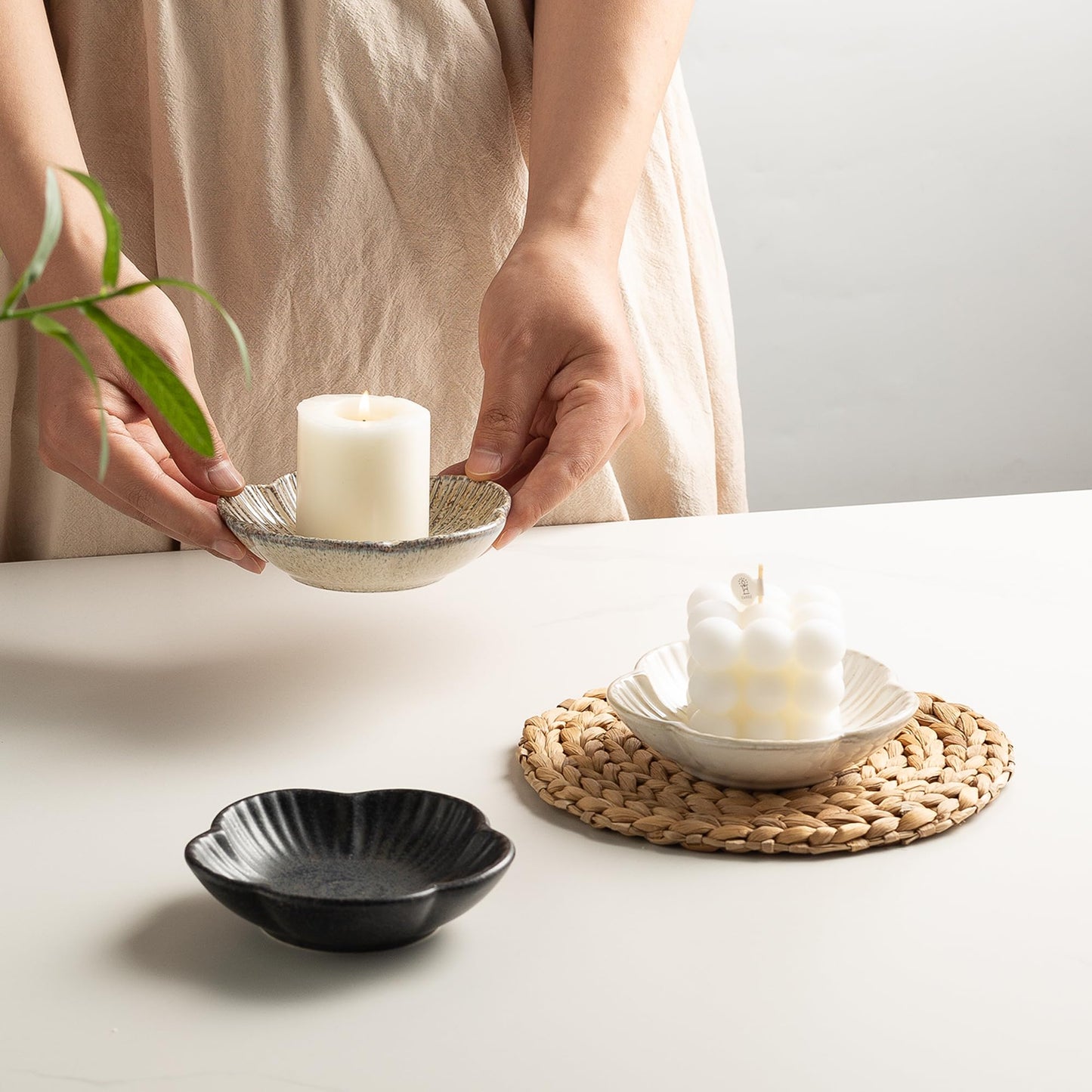 BEUNAIZER Ceramic Pillar Candle Holder Plates, Decorative Candlestick Holder, Tea Light Incense Santo Palo Holders, for Dinning, Party, Wedding, Birthday, Anniversary Decorations, 1pack (Camel)