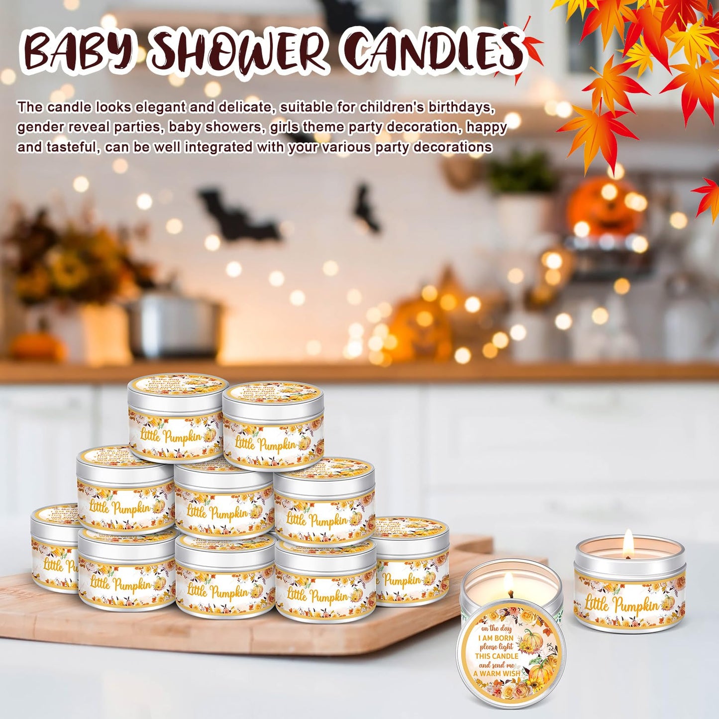 MTLEE 24 Pcs Fall Pumpkin Baby Shower Party Favors Candles Lavender Scented Baby Shower Favors for Guests Rustic Tealights Candles Gender Reveal Return Gifts(1.2 oz, Yellow)