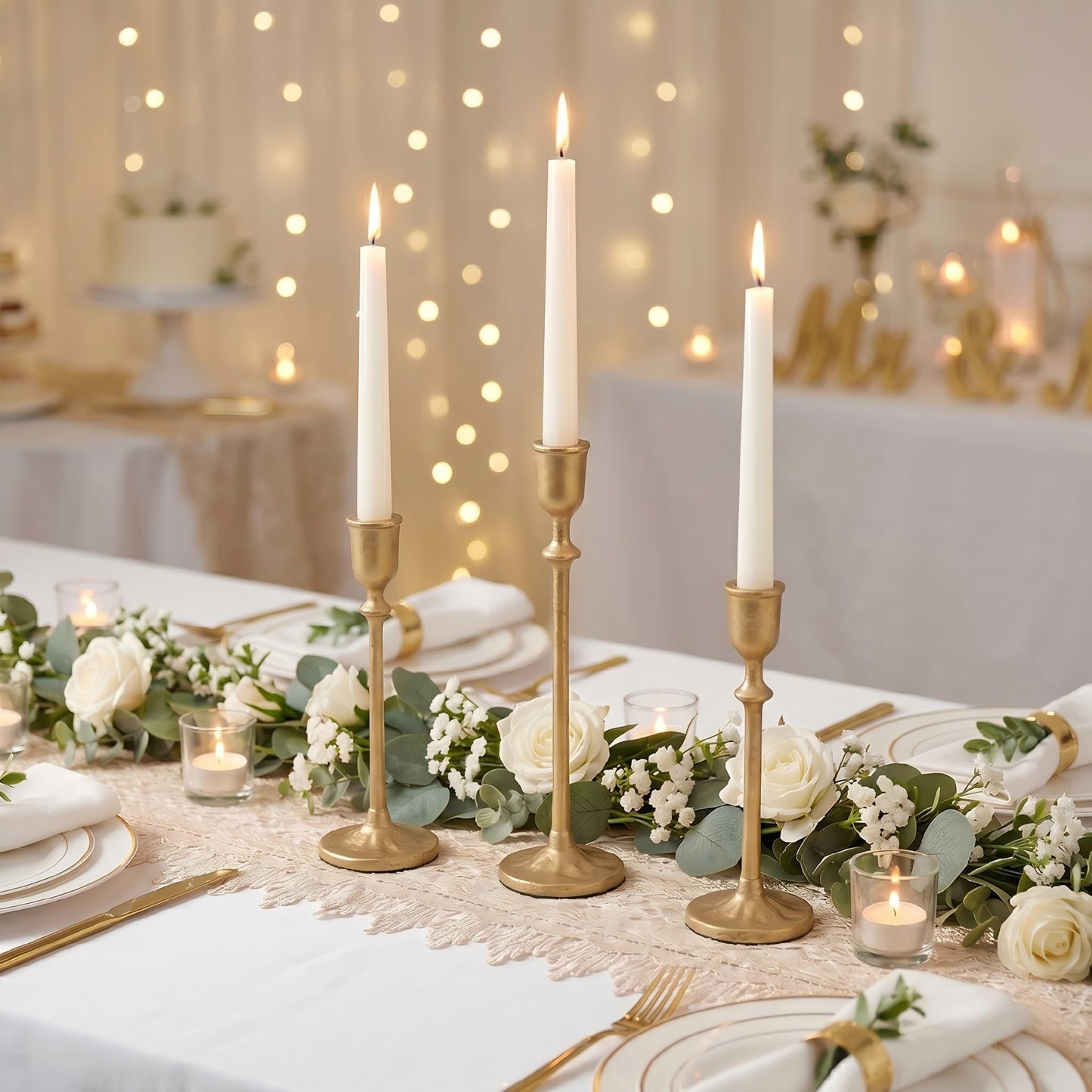 PUKUPIG Candlestick Holders, Set of 3 Taper Candle Holders with Heavy Duty Weighted Base, Matte Brass Gold Metal Stands for Wedding, Mantel & Table Decor, Fits 3/4" & 7/8" Candles