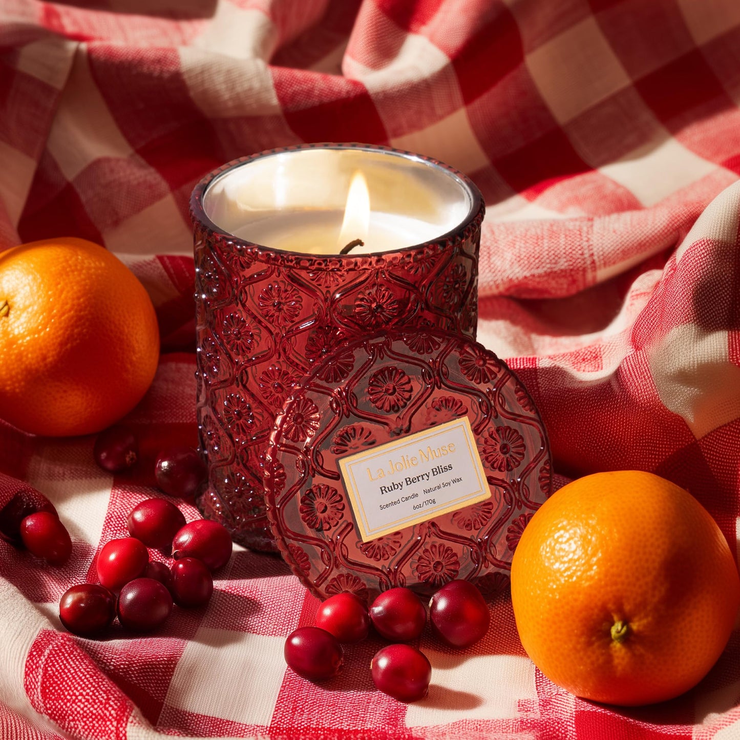 LA JOLIE MUSE Ruby Berry Bliss Scented Candle – Mandarin, Cranberry & Plum | 6 oz Festive Fall Candle | 40 Hours Clean Burn|Vibrant Scent| Gift for Hosts|Fall Tablescapes