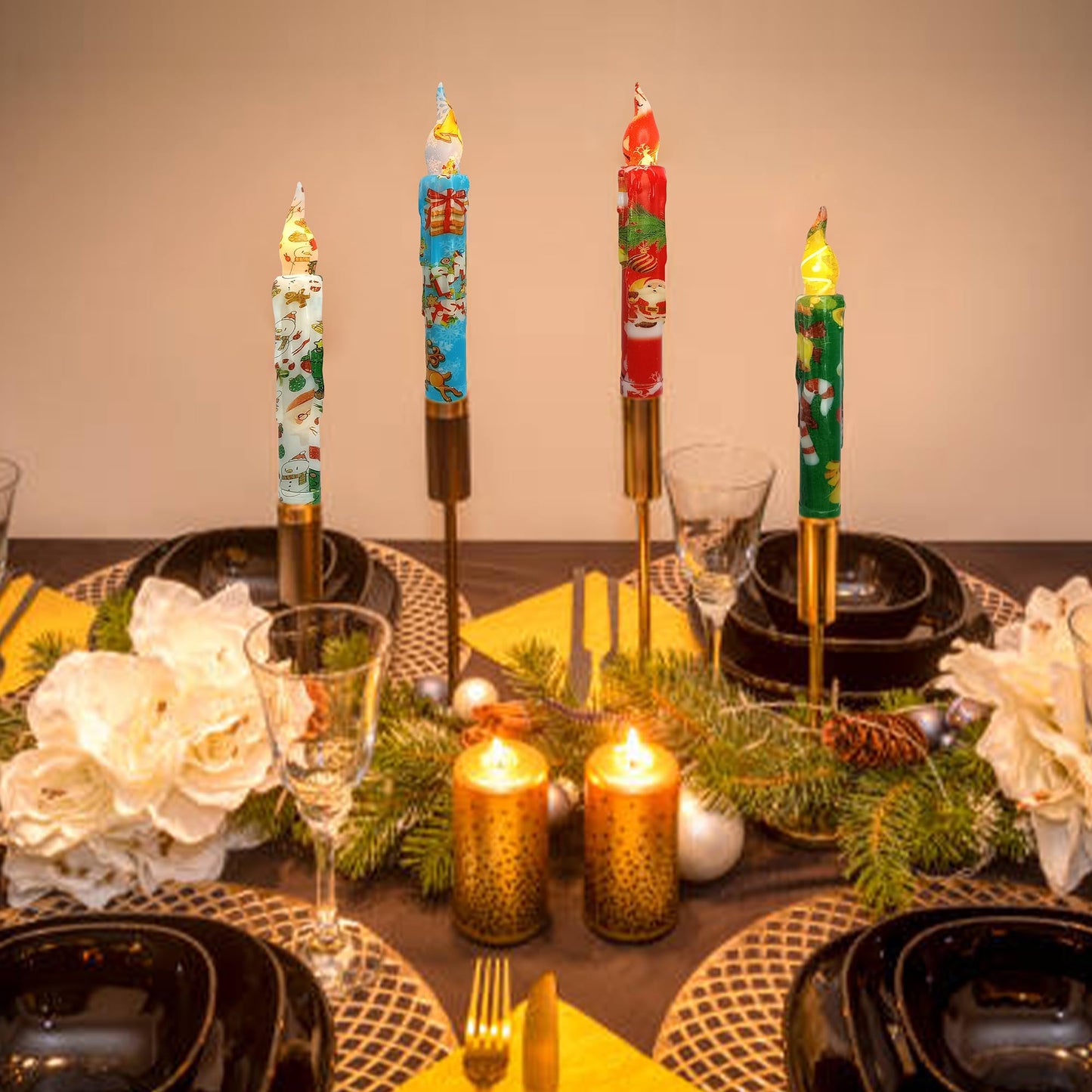 Christmas Candlesticks Flameless Taper Candle,Gedengni 4pcs Red LED Tapered Candles Remote Dipped Candle 6inch Green Battery Chandelier for Enchanting Weddings and Harry Potter Inspired Vigils(CHMAS)