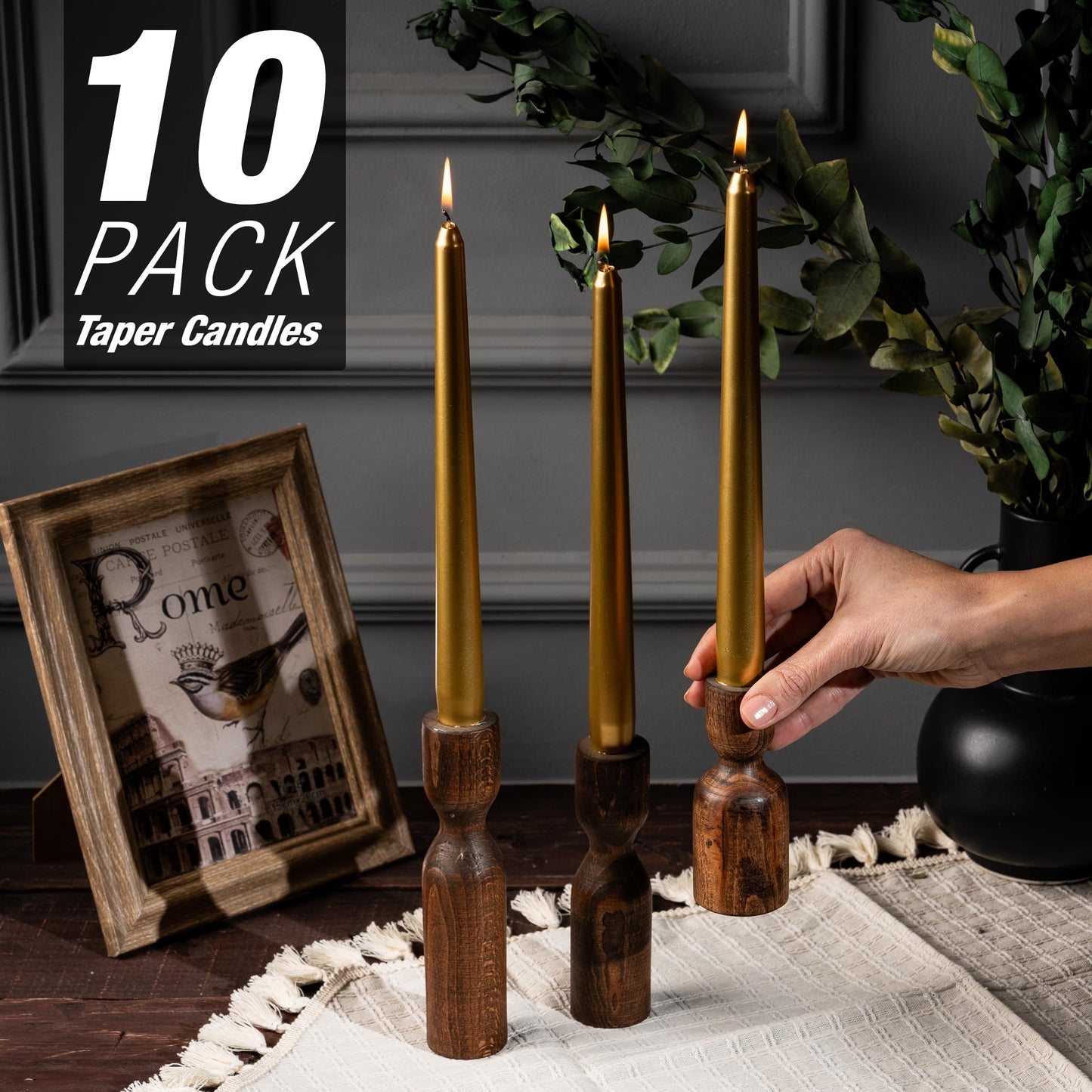 SECEL Pack of 10 Taper Candles, 10 Hours Time, Dripless, Smokeless, Paraffin Wax, with Cotton Wicks, 10 inches, Colorful, Birthday, Home Decor, Weddings, Valentines Day (10, Metallic Gold)