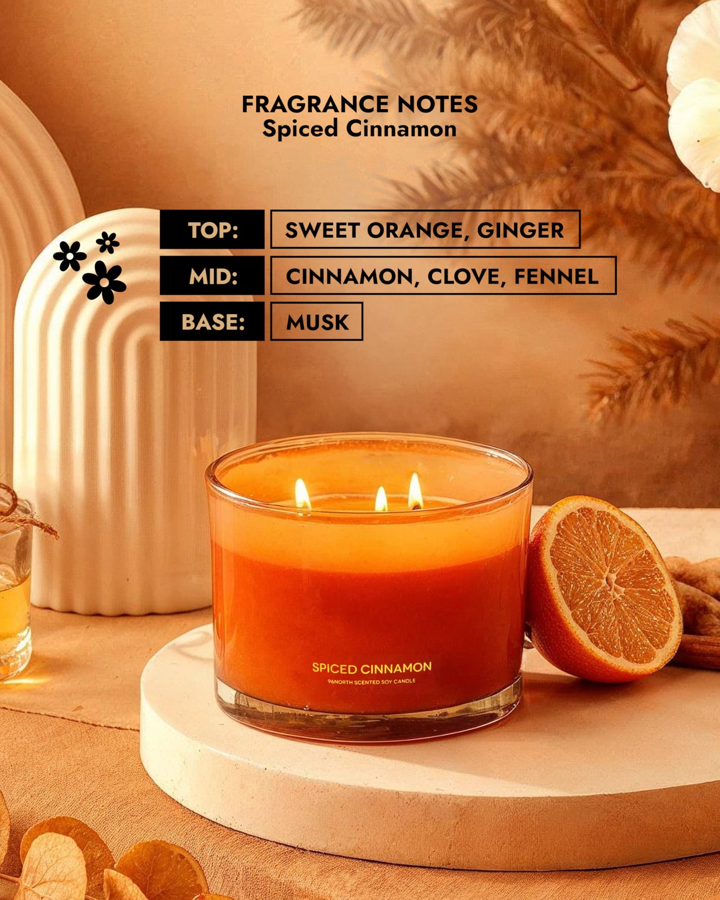 96NORTH Luxury Spiced Cinnamon Candle | Large 3 Wick Jar Candle | Up to 40 Hours Burning Time | 100% Natural Soy Wax | Relaxing Aromatherapy Aesthetic Candles | Housewarming Gift for Men and Women