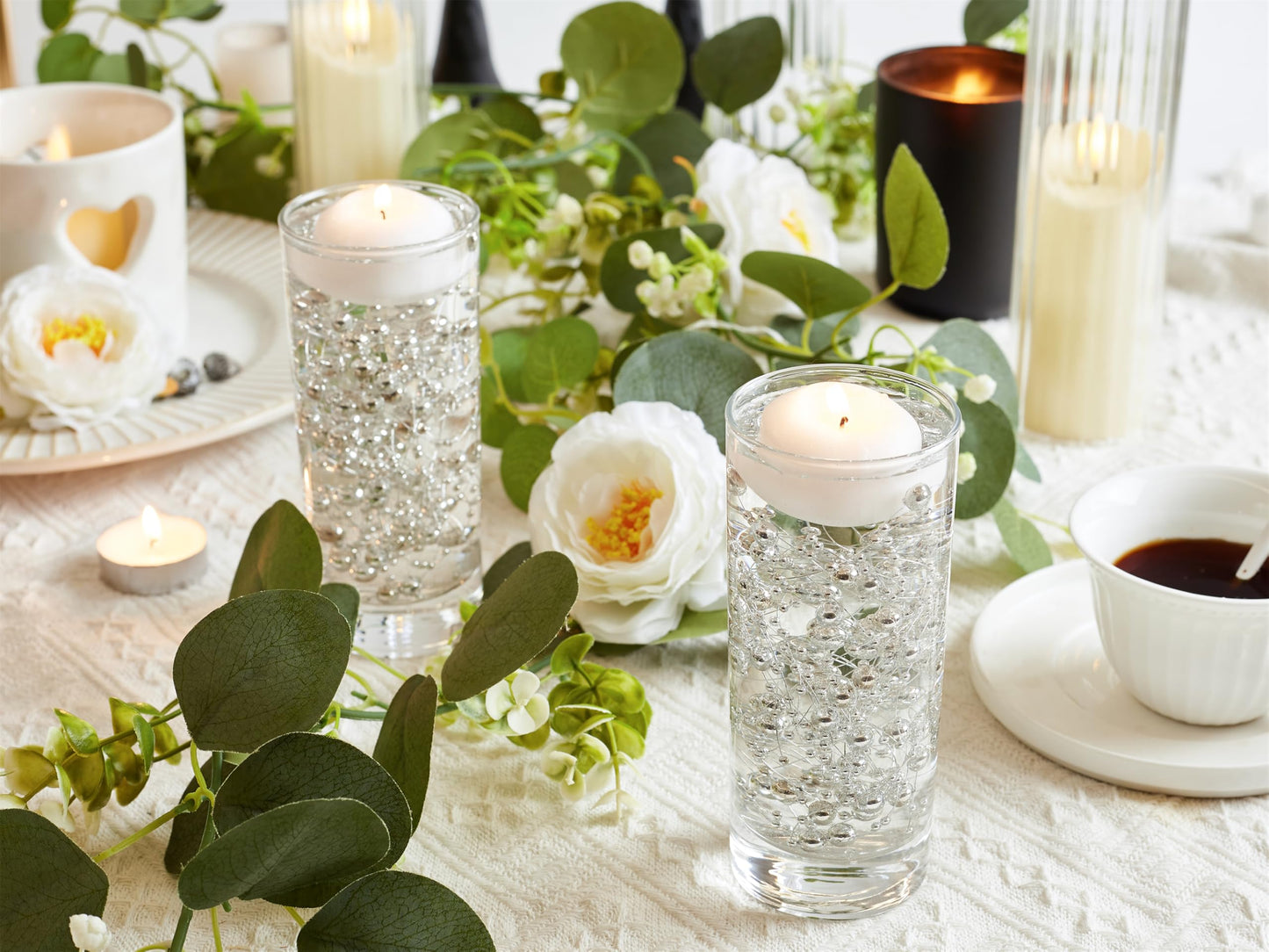 YATOJUZI 30 PCS Artificial Pearl String Silver Vase Filler Floating Pearls for Vases Centerpieces Faux Pearl Beads String Decorations Wedding Holiday Party Decor