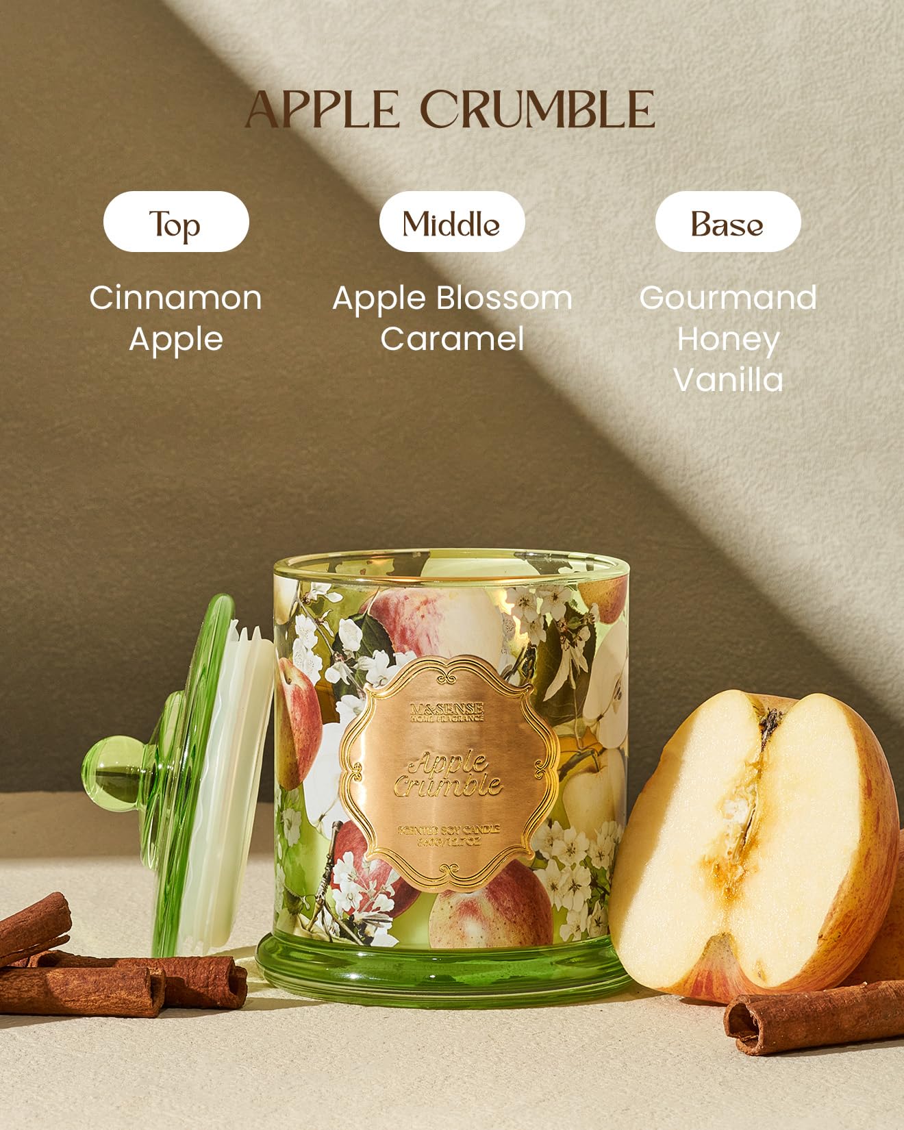 M&SENSE Apple Crumble Scented Candles, Fresh Apple Scented Candles Natural Soy Wax, Non Toxic Candle 12.7oz Large Jar 75 Hours Burning, Gifts for Women