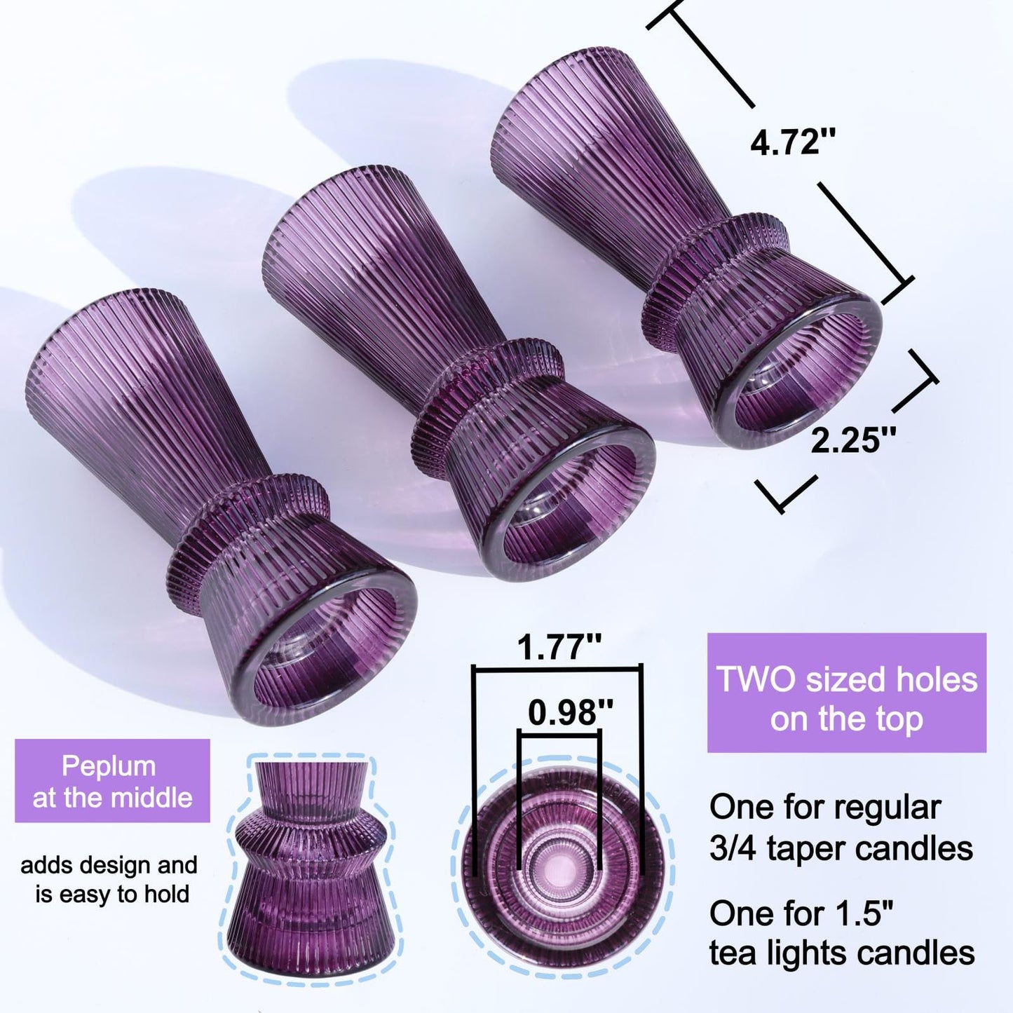 VOHO Purple Ribbed Taper Candle Holders Set of 3, Minimalist Style Glass Candle Holder for Candlesticks and Tealight Candles, Classy Candlestick Holders for Easter Halloween Wedding Decor