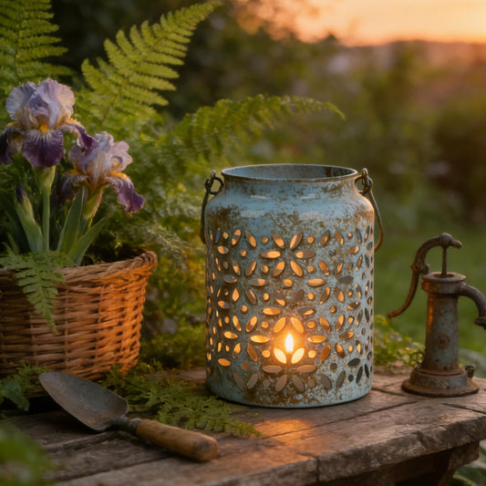 Vintage Metal Candle Lanterns with Handle Rustic Distressed Blue Decorative Candle Holder with Floral Cut-Out Design for Home, Garden, Patio, Porch, Parties, Weddings Decor