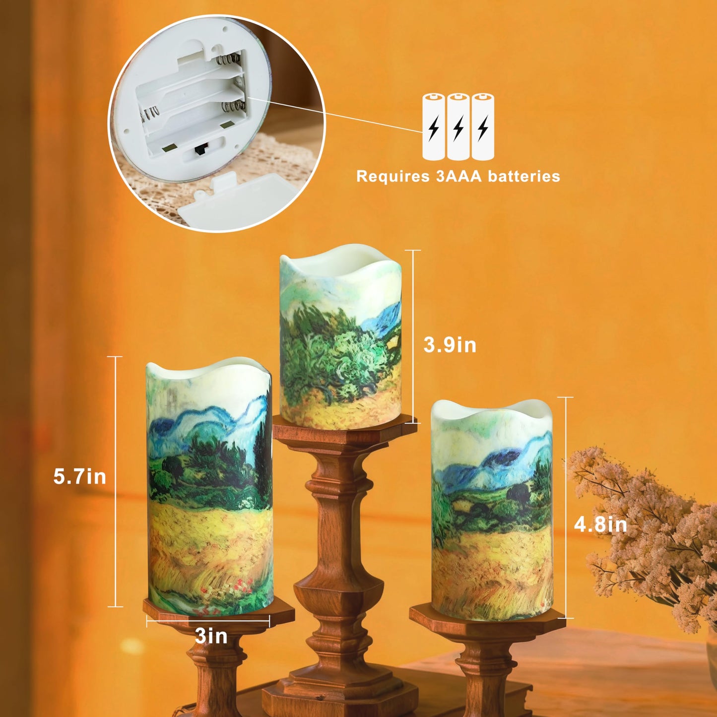 NjaoHoo Flameless Candles 4" 5" 6" Set of 3 Indoor Outdoor Pillars Battery Operated Flickering Candles 10-Key Remote Timer Van Gogh Art Painting Style(Wheat Fields Printed)