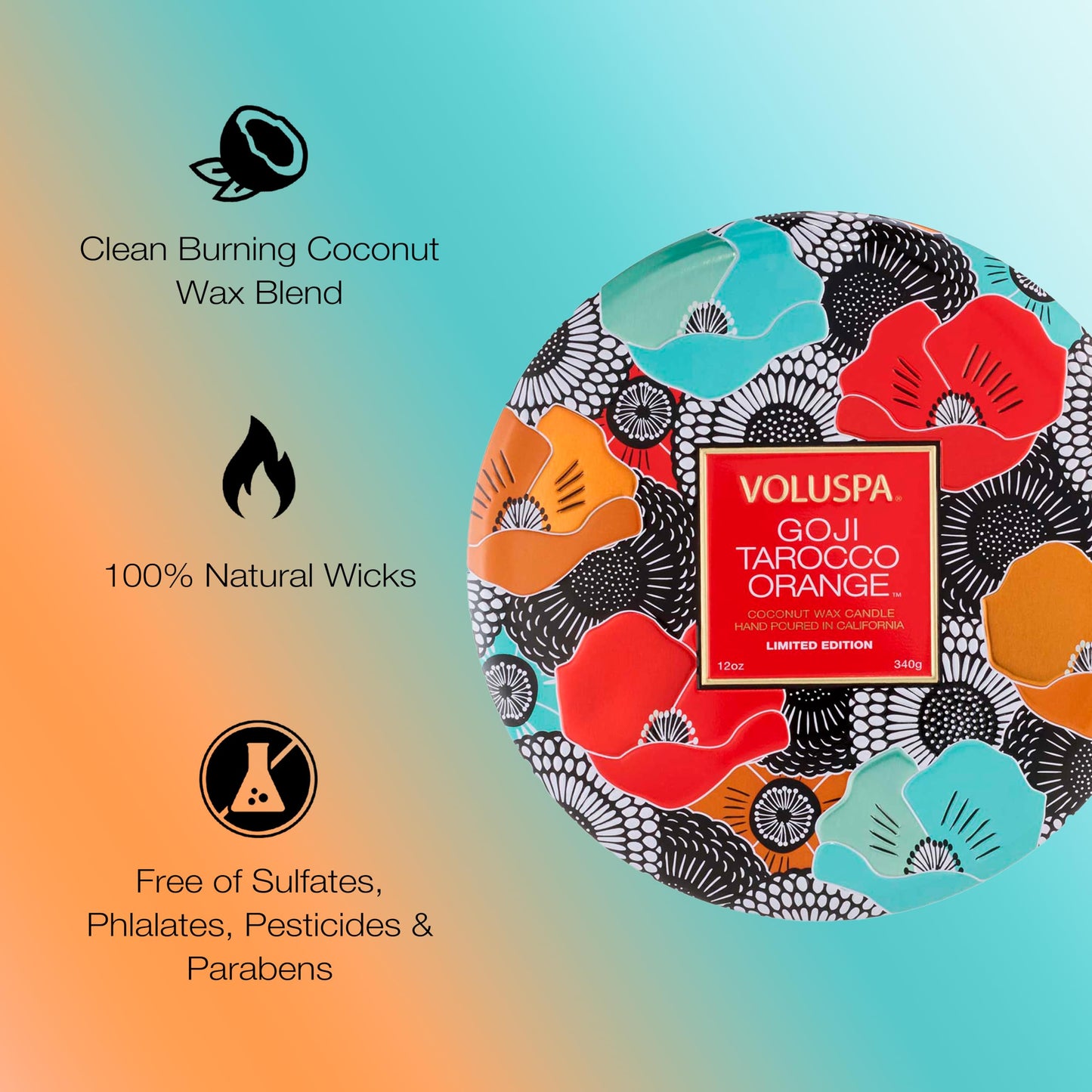 Voluspa Limited Edition Goji Tarocco Orange 3 Wick Tin Candle, 12 oz, 40 Hour Burn Time, Coconut Wax for Clean Burning, Handmade in The USA
