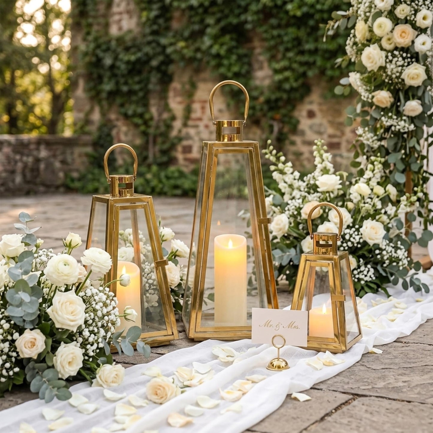 TRIROCKS Set of 3 Stainless Steel Candle Lantern 21/16/11''H Metal Outdoor Candle Holder Decorative Hanging Lantern with Tempered Glass for Home Living Room Parties Event Indoor Outdoor(Gold Triangle)