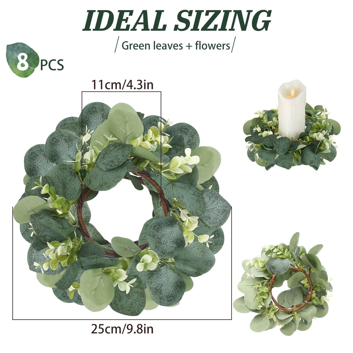 Waydress 8 Pcs Candle Rings Artificial Eucalyptus Leaves Candle Wreaths 10 Inch Boho Greenery Wreaths Rings for Pillars Candleholders for Wedding Party Home Table Door