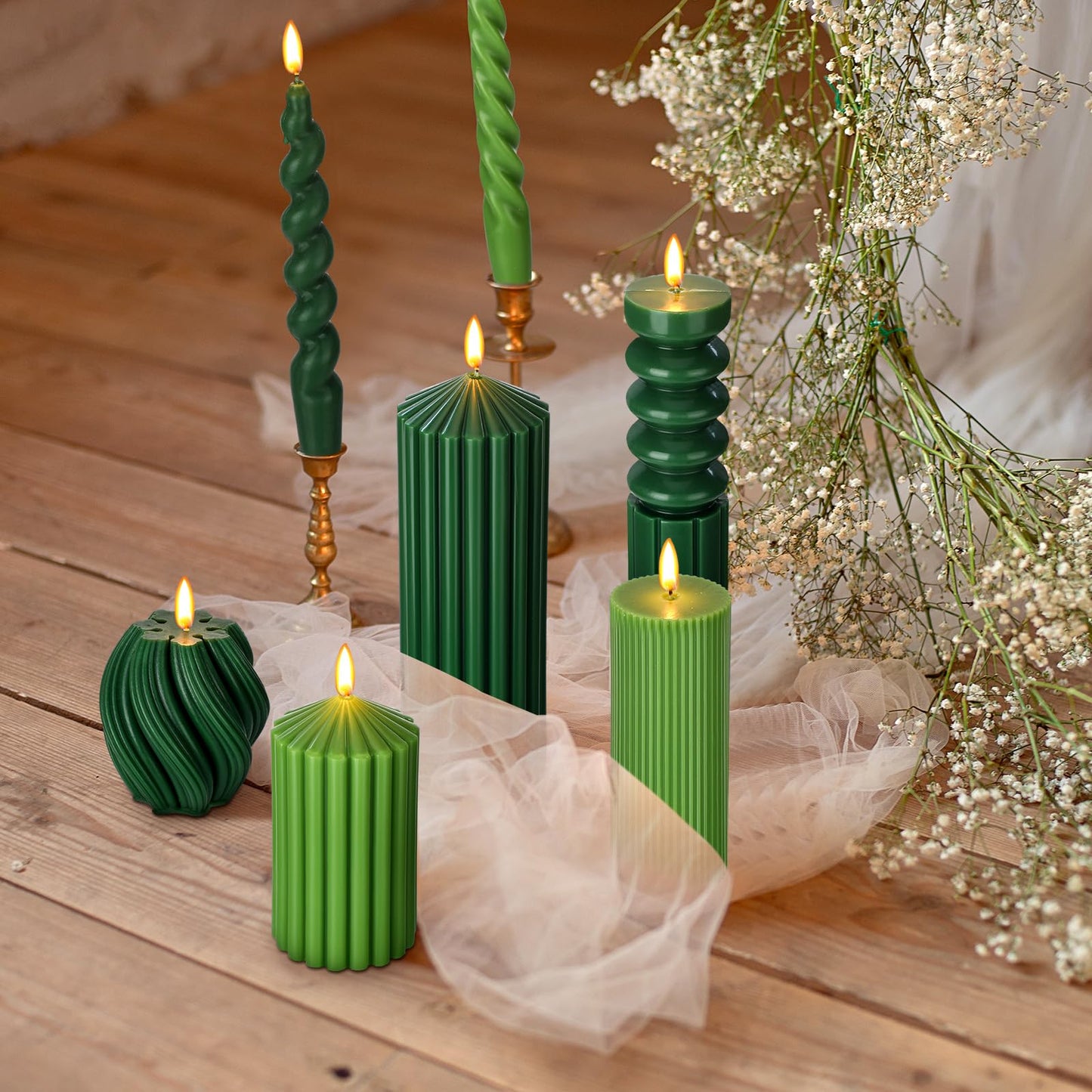 Nuanchu 9 Pcs Modern Decorative Candles Set 5 Pillar Aesthetic Ribbed Candles 4 Spiral Taper Twisted Candlesticks Scented Smokeless Soy Wax for Wedding Holiday Dinner Home Decorations(Green)