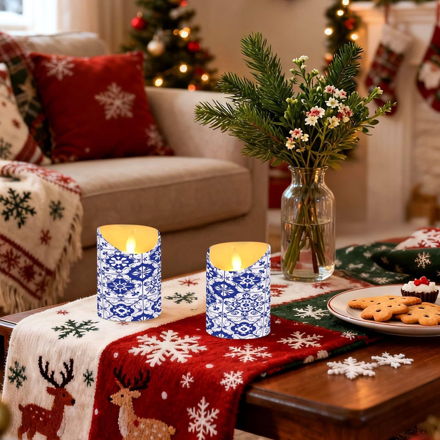 Gravopti Spanish Tiles 2 Pack Flameless LED Pillar Candles with Remote & Timer, Battery Operated, Flickering Wax Candle for Wedding, Romantic Home & Party Decor
