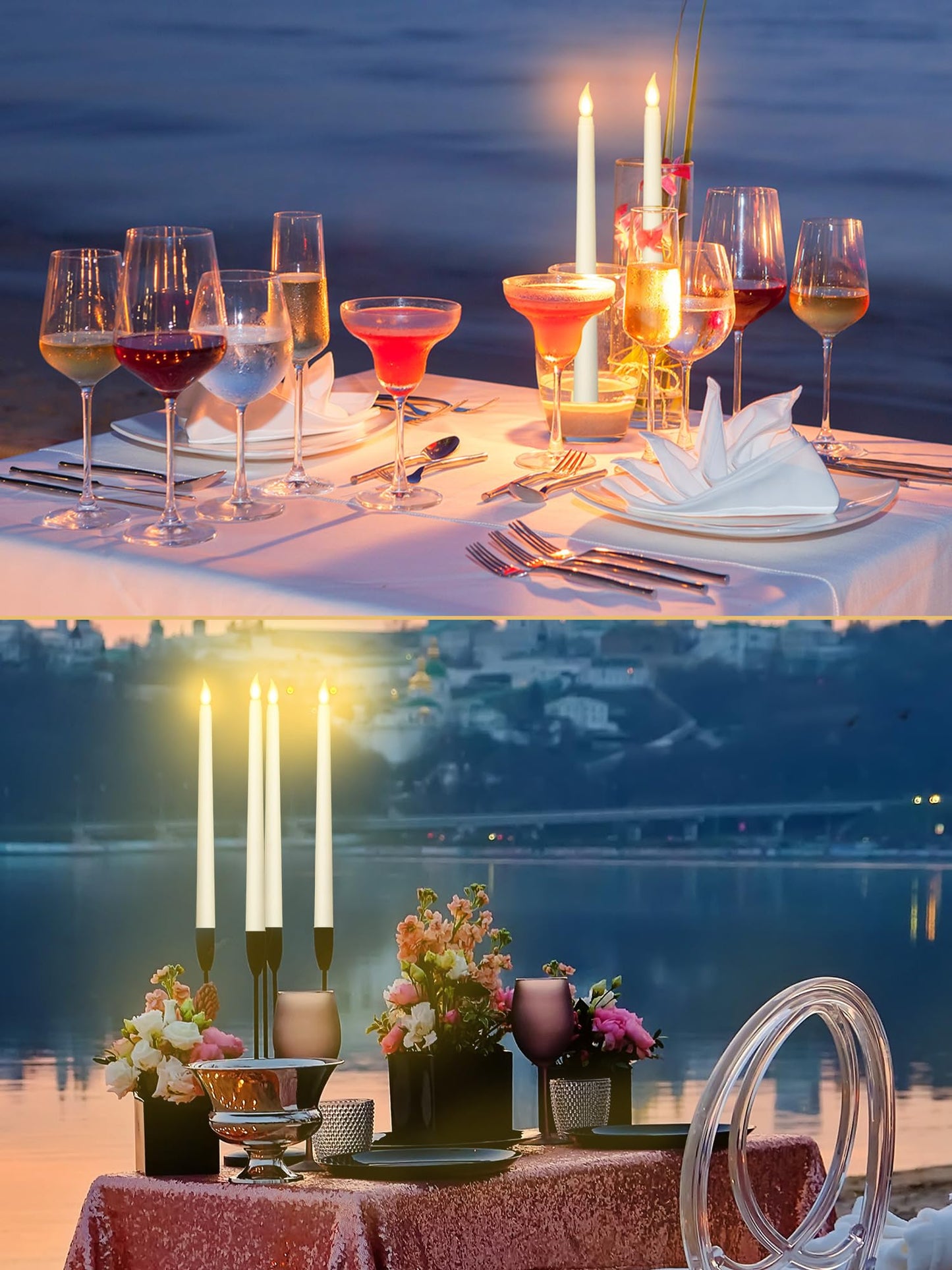 VIHOSE 24 Pcs Flameless Taper Candles with Holders Remote Timer Battery Operated Candles Bulk LED Candlesticks Flickering for Valentines Wedding Home Window Carnival Party Decor(Silver,Classic Style)
