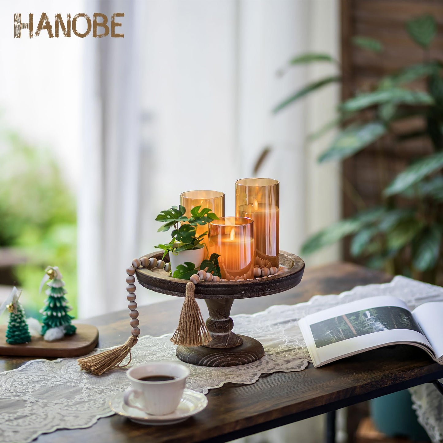 Hanobe Display Riser for Farmhouse Decor: Rustic Wooden Risers Round Decorative Pedestal Plate Stand Holder Tray for Candle, Cupcake, Plant