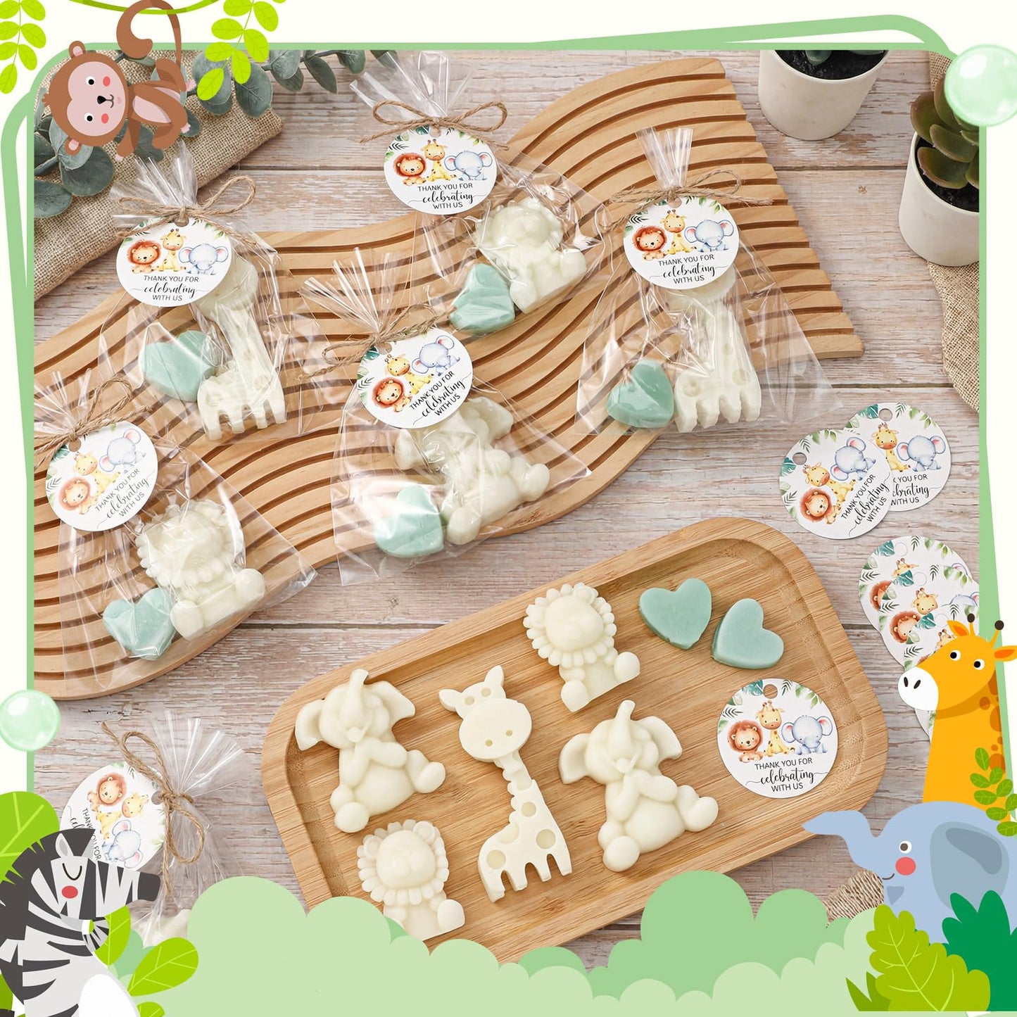 Demissle 20 Sets Safari Animal Baby Shower Soaps Favors for Guests Jungle Greeting Card Bath Gift for Birthday (Green)