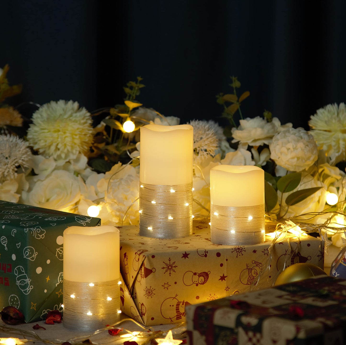 H-BLOSSOM Flickering Flameless Candles Ivory Real Wax Pillar with Embedded String Lights LED Candles Battery Operated with 10 Key Remote and Cycling 5H Timer Set of 3 (3" x 4"/5"/6") (Silver)