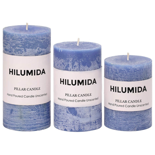 Blue Pillar Candles Set of 3 - Hand-Poured Unscented Candles,Smokeless Dripless Candles for Dinner Table and Home, Set of 3 in Different Sizes (3"x4", 3"x5", 3"x6")
