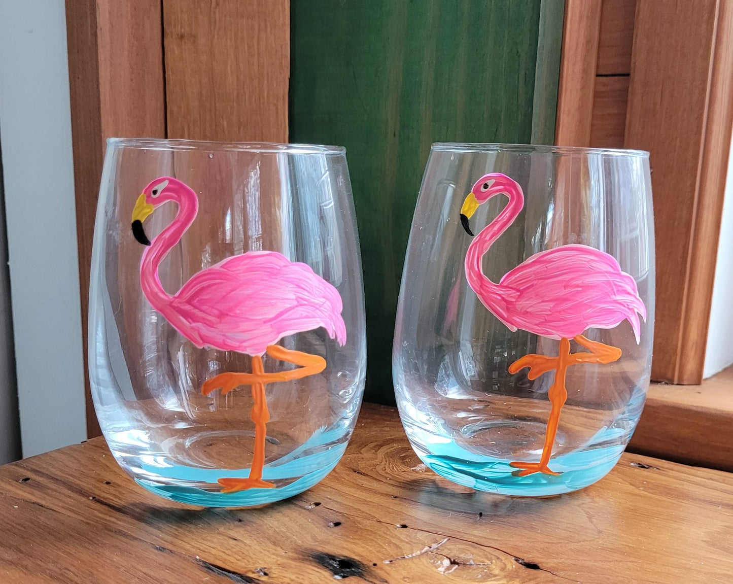 Pink Flamingo Hand Painted Stemmless Wine Glasses Set of 2 Tropical Home Decor
