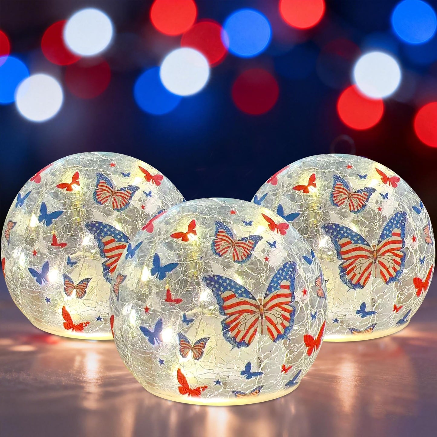 Memorial Day Decorations,3PCS Independence Day Decorative Lights, 3.93-inch Independence Day Desktop Decoration LED Night Light, Cracked Glass Ball Light with Timer, 4th of July Ornament (Butterfly)