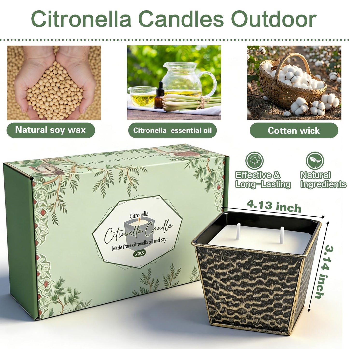 Citronella Candles Outdoor, Large 12oz 2-Pack Soy Wax Candles with Citronella Oil, 2 Wicks, 50-Hour Burn Time Each, Natural Outdoor Candles for Patio, Garden, Deck, Backyard and Summer Nights