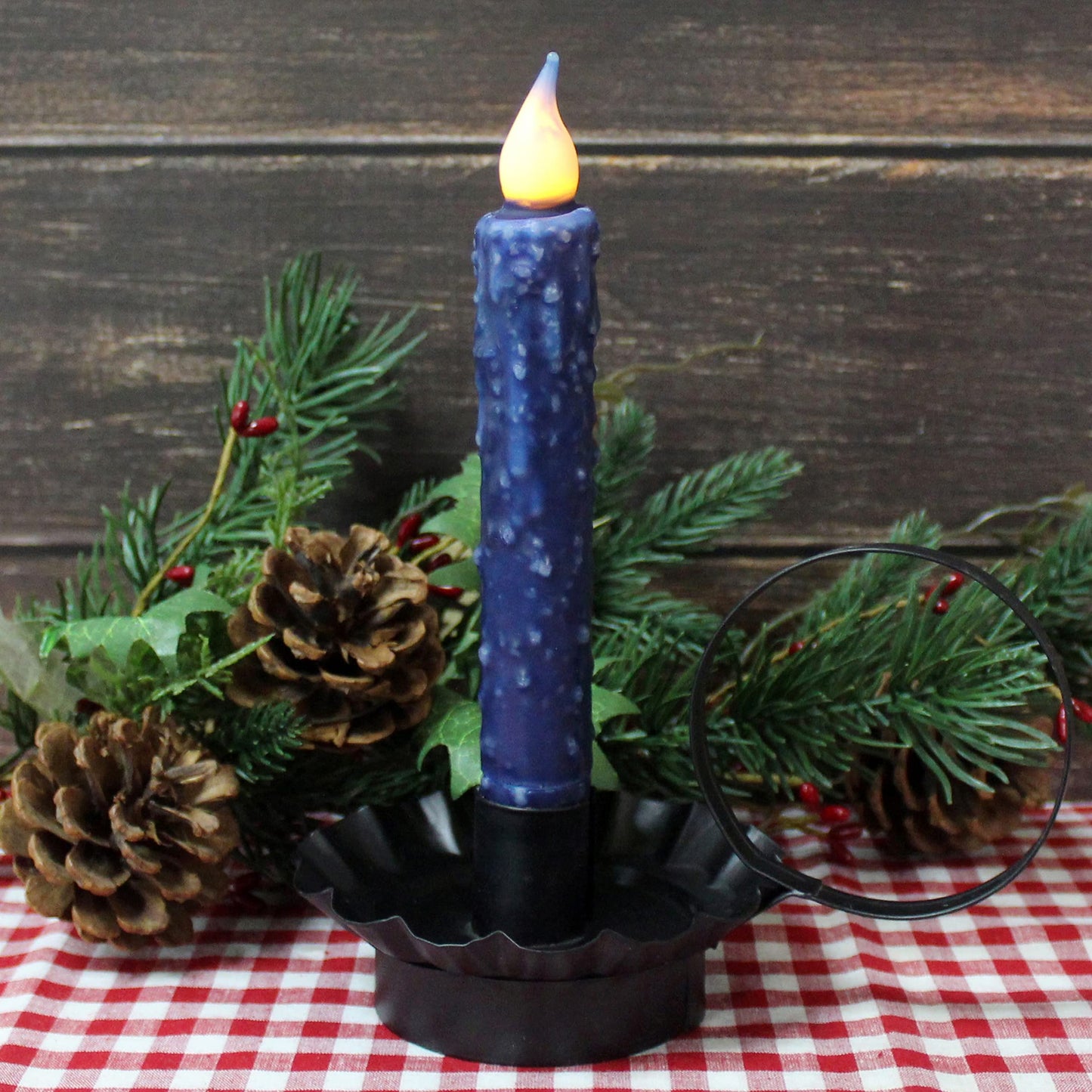 CVHOMEDECO. Real Wax Hand Dipped Battery Operated LED Timer Taper Candles Rustic Primitive Flameless Lights Decor, 6-3/4 Inch, Navy Blue, 2 PCS in a Package