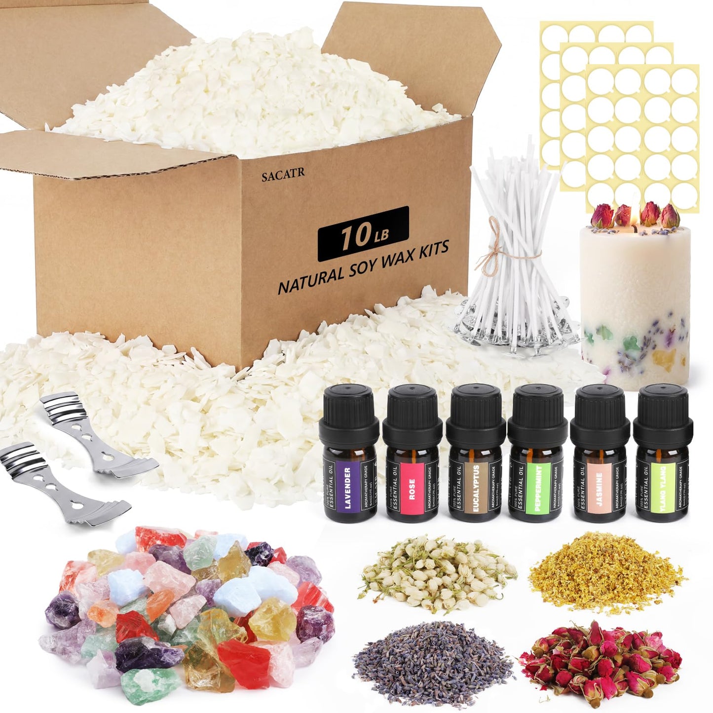SACATR 10LB Soy Wax Candle Making Kit,Natural 100% Soy Wax for Candle Making, with Essential Oils, Raw Crystals,Dried Flowers,Wicks,Candle Making Supplies for DIY Scented Candles,Holiday Gifts