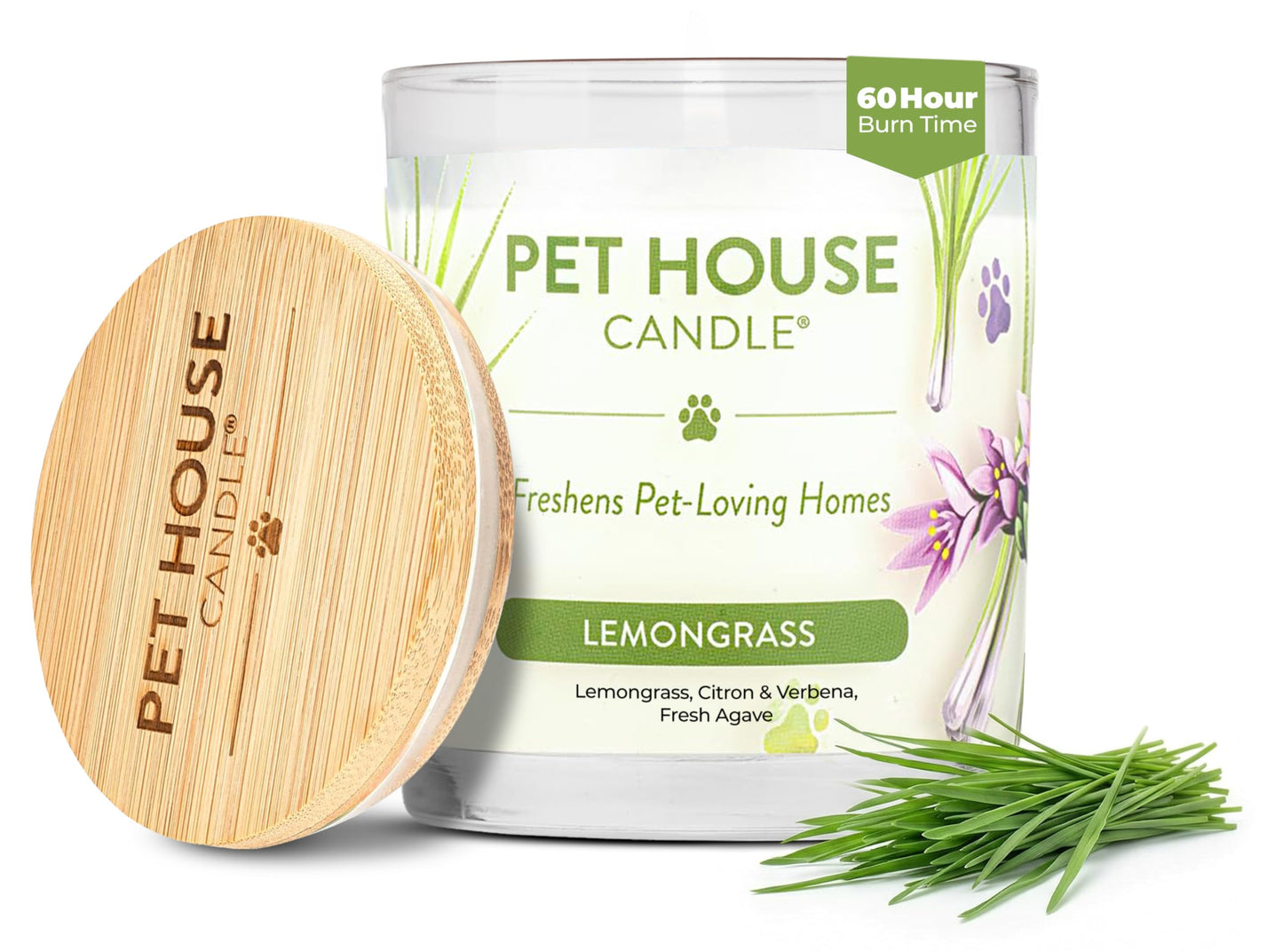 Pet House Candles, Long Burning Scented Candles for Pet Odors, Plant-Based, 60 Hour Burn Time - Lemongrass, 9 oz