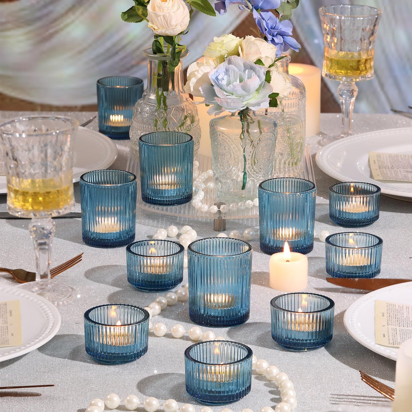 NITIME 20pcs Ribbed Blue Votive Candle Holders, Assorted Tea Lights Candle Holder, Blue Glass Candle Holders for Table Centerpiece, Wedding Table Settings and Party Decorations