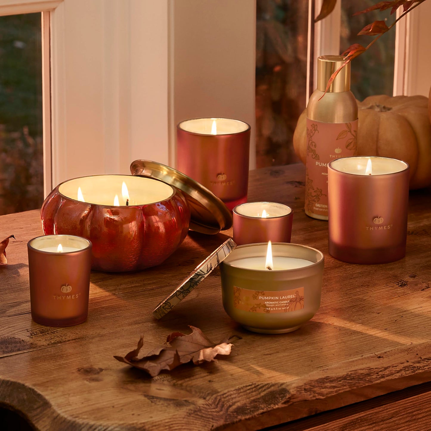 Thymes Scented Candles for Women & Men – Tin with Lid – Luxury Home Decor – Pumpkin Candles with Notes of Nutmeg, Cinnamon, Clove, & Orange Peel – Fall Decor (Pumpkin Laurel, 6.5 oz)