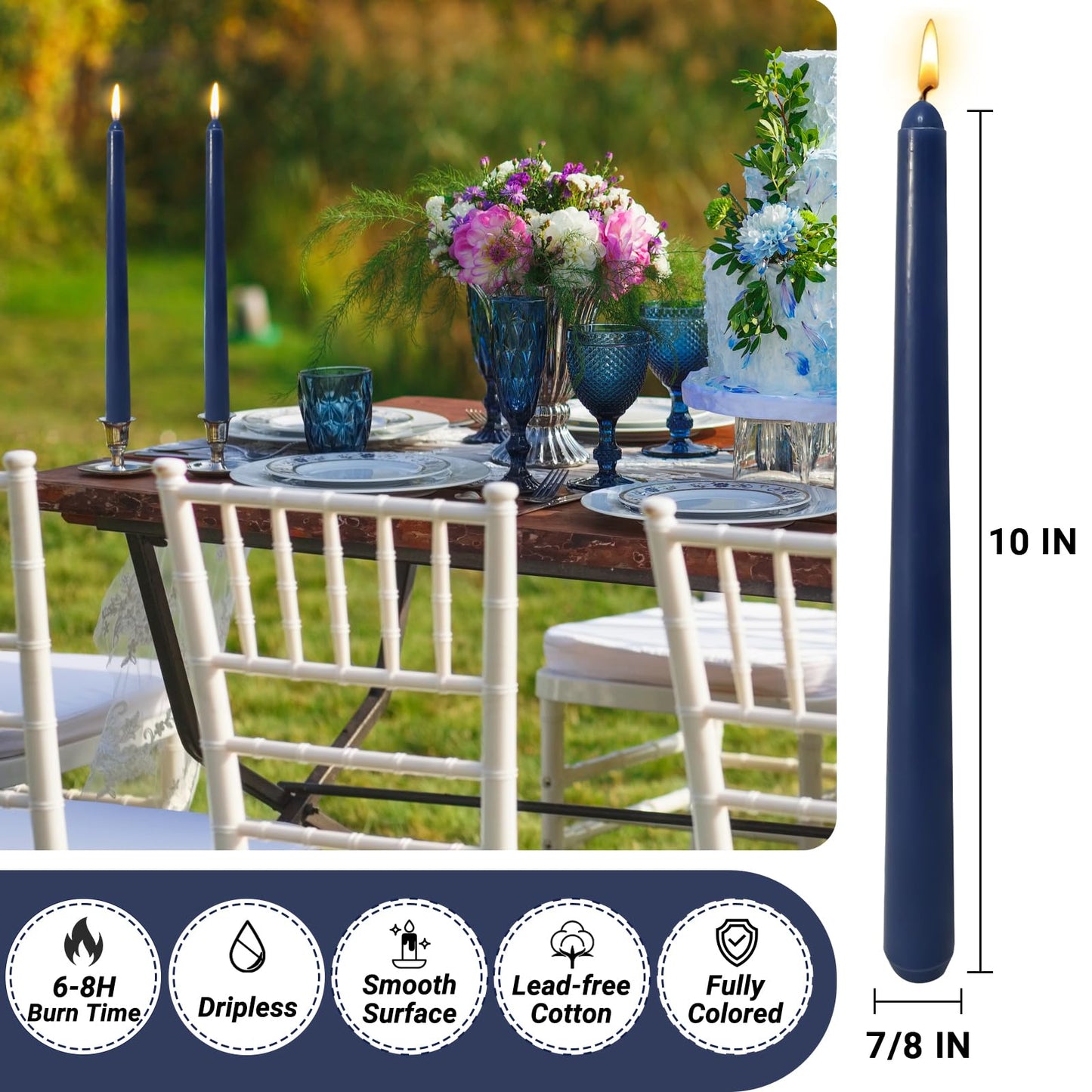 12 Pack 10 inch Navy-Blue Taper Candle Set for Holiday Dinner Party, Unscented Long Candlesticks, Dripless and Smokeless, 7-8 Hours Burn