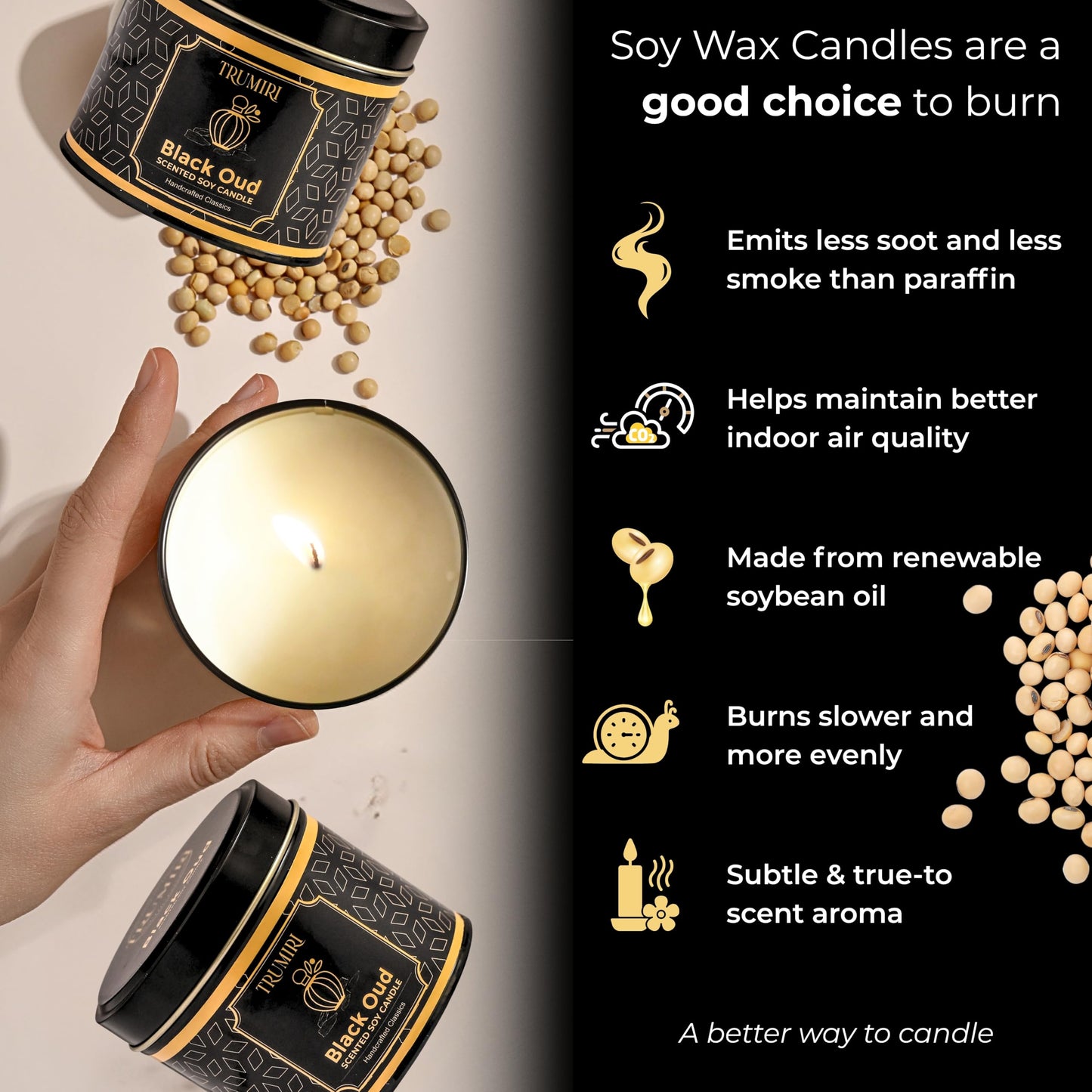 Black Oud Candle Highly Scented Soy Candel Natural Non Toxic Velas Aromáticas Gift for Men 5Oz Decorative Tin Jars with Lids Pack of 3