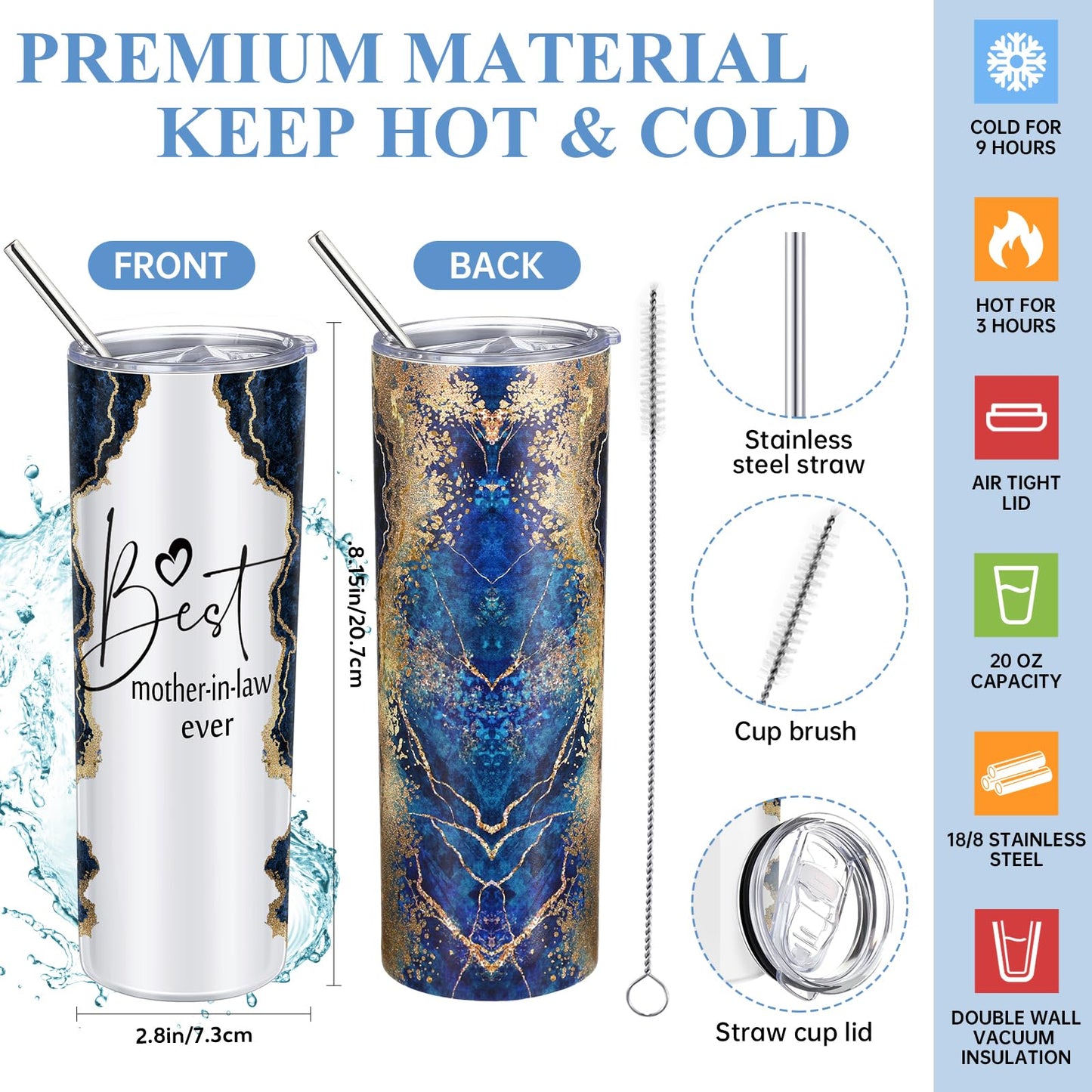 Domensi 4 Pack Mom Gifts Best Mother in Law Ever Gift Tote Bag 20oz Tumbler Cup Makeup Bag Mother in Law Scented Candle for Mothers Day Women(Navy Blue)