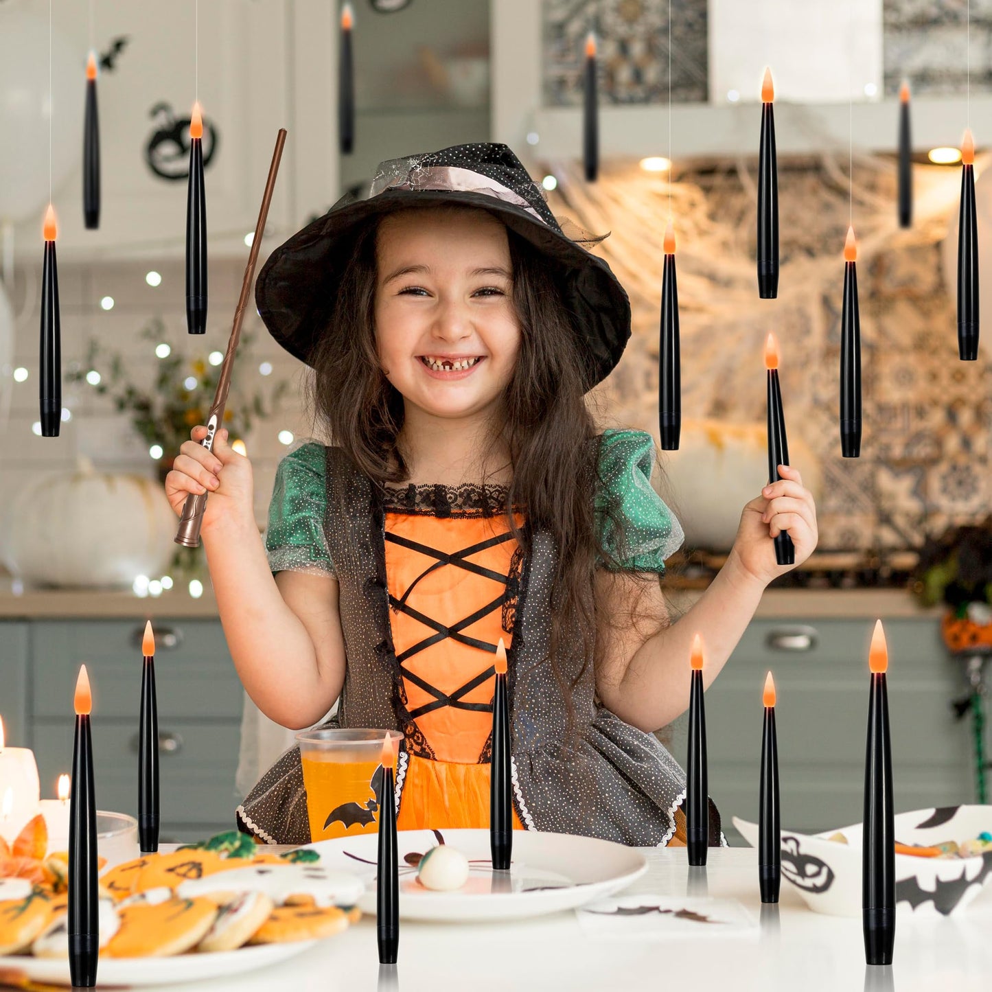 LUSHARBOR Floating Candles with Wand, Magic Halloween Decorations 10pcs Black Flameless Candles with Remote LED Battery Operated Candle for Halloween Decor Gift 6.1in