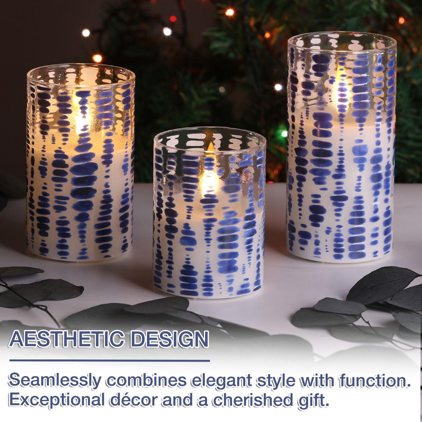 Eywamage Blue Dots Flameless Candles in Glass Jars, Flickering Battery LED Pillar Candles with Remote Set of 3