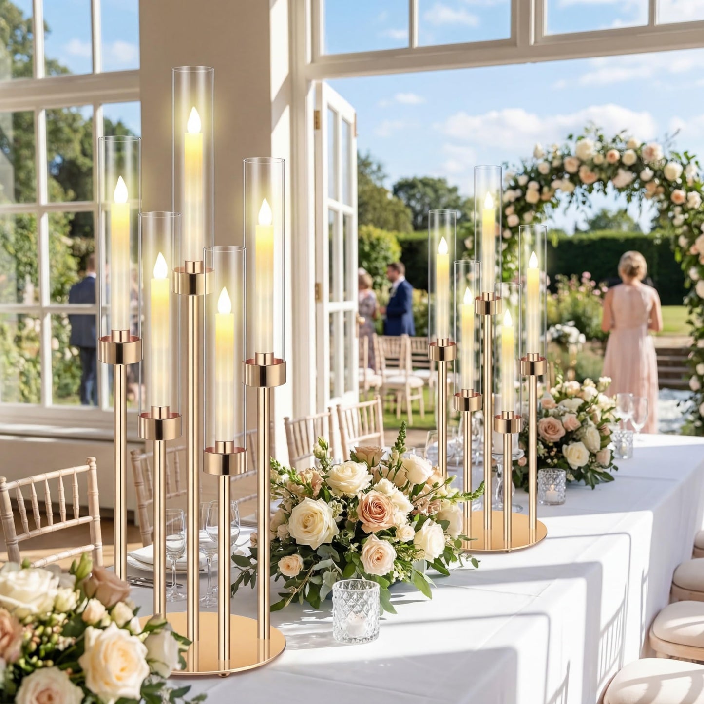 Tandefio 8 Set Gold Candelabra Centerpieces for Tables, 26.8 Inch 5 Arm Candle Holders with LED Candles and Acrylic Cylinders, Tall Acrylic Wedding Table Centerpieces for Reception Dinner Party Decor