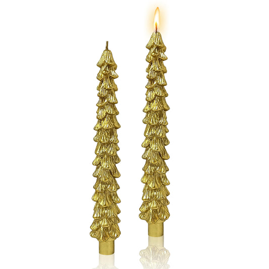 Christmas Tree Shaped Taper Candles, 9.8 Inch Unscented Tree Candle Decorative Christmas Tree Candles Gift for Christmas Festival Celebration Decor, 2PCS, Gold