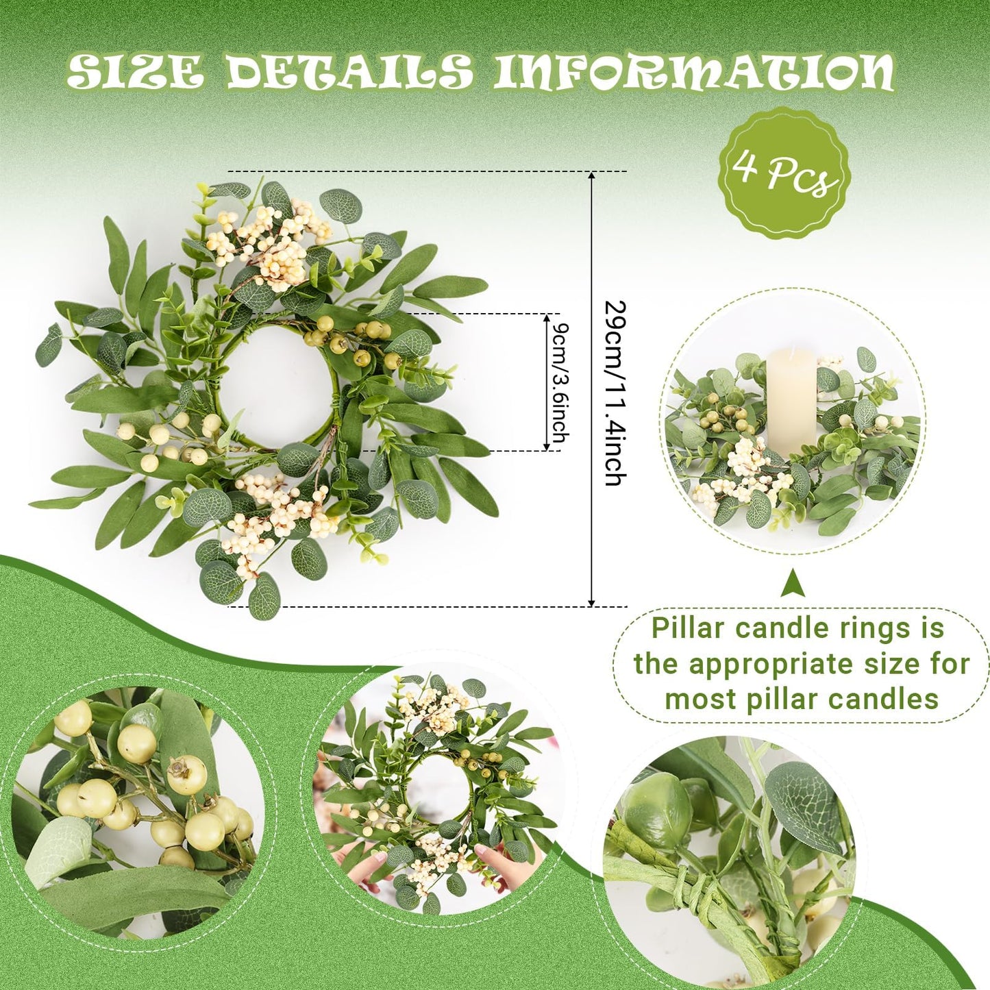 4 Pcs Green Eucalyptus Candle Rings Wreaths Spring Summer Kitchen Cabinet Wreaths Mini Green Berry Leaves Candle Wreath for Pillars Farmhouse Festival Wedding Celebrations Tabletop Decoration