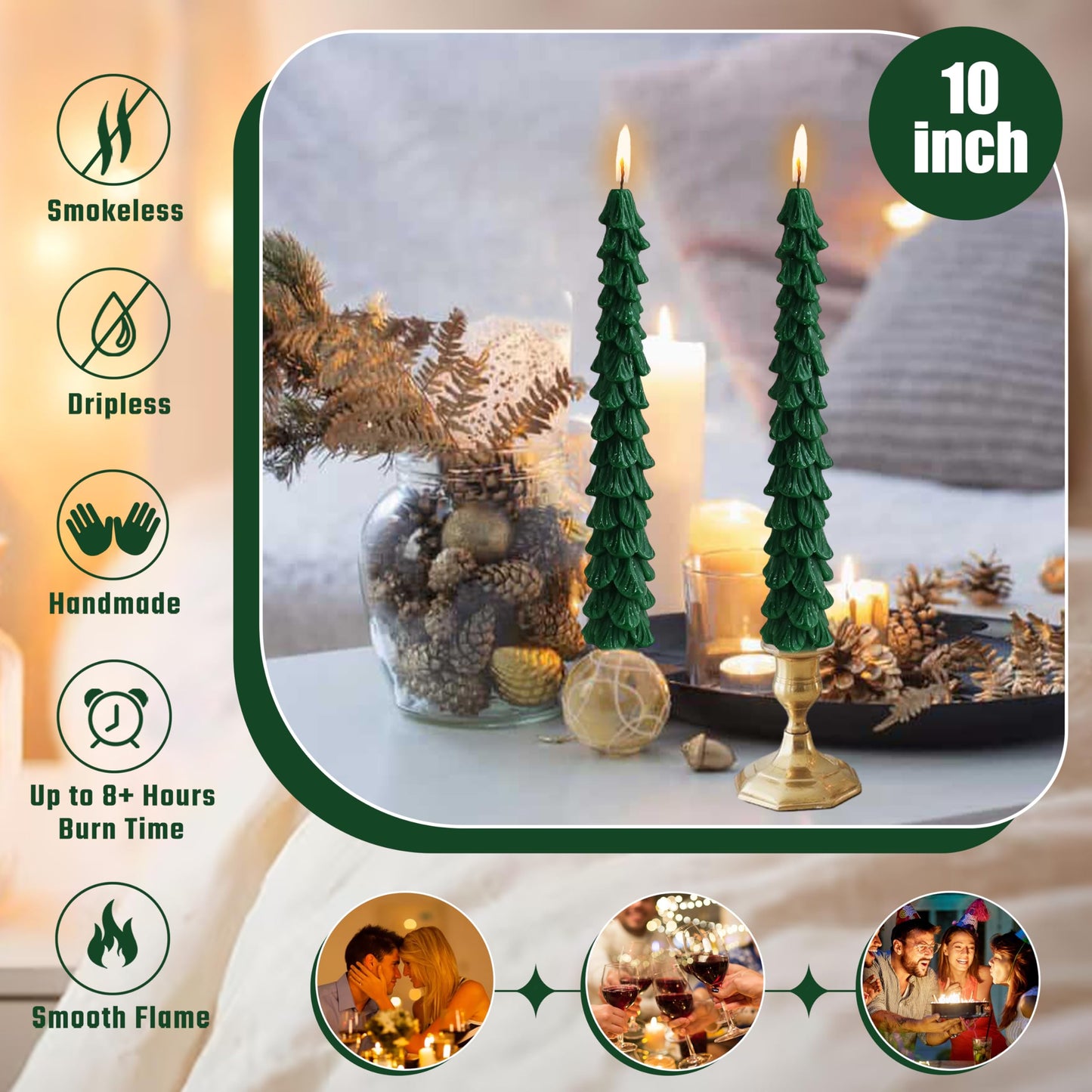 Green Christmas Tree Shaped Taper Candles 10 Inch Xmas Eve Holiday Candle Unscented Candlesticks for Christmas Party Room House Kitchen Decor Wedding Decorations Gift, 2 Pack
