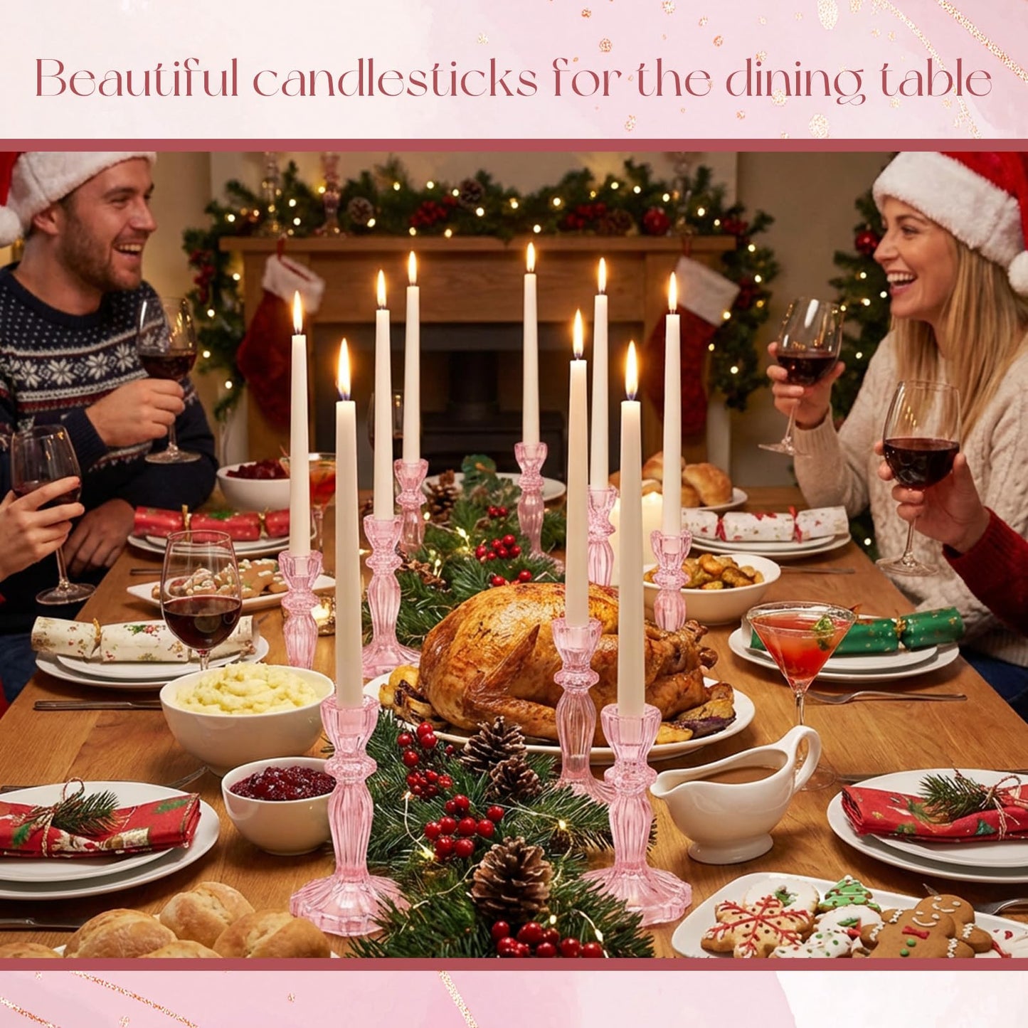 Ferrochef 12 Pack Glass Candlestick Holders Set 4.3/6.1'' Taper Stripe Candle Holder Bulk Floral Shape Crystal Decorative Candle Stand Centerpiece for Table Wedding Dining (Pink)